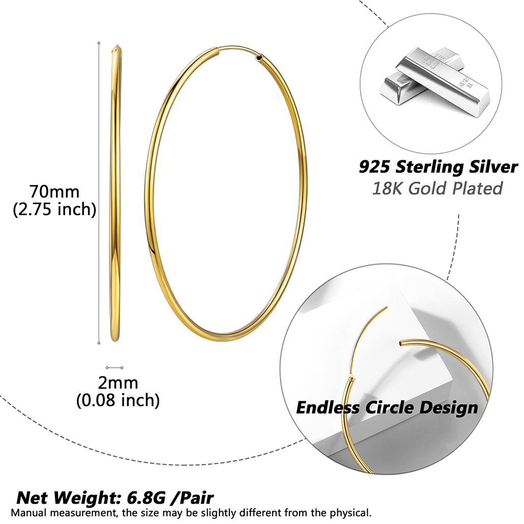 Silvora 70mm Gold Hoop Earrings Large Sterling Silver Earrings for Women Charm Endless Circle Hoop for Sensitive Ears Jewelry Gift