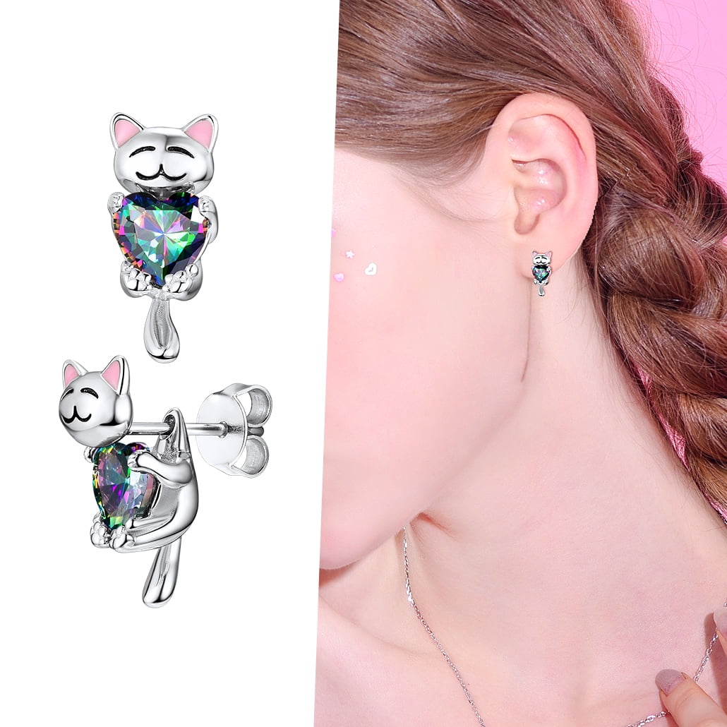 Silvora Sterling Silver Cute Cat Stud Earrings Cubic Zirconia Animal Statement Earrings Birthday Christmas Jewelry Gift for Wife Mom Daughter