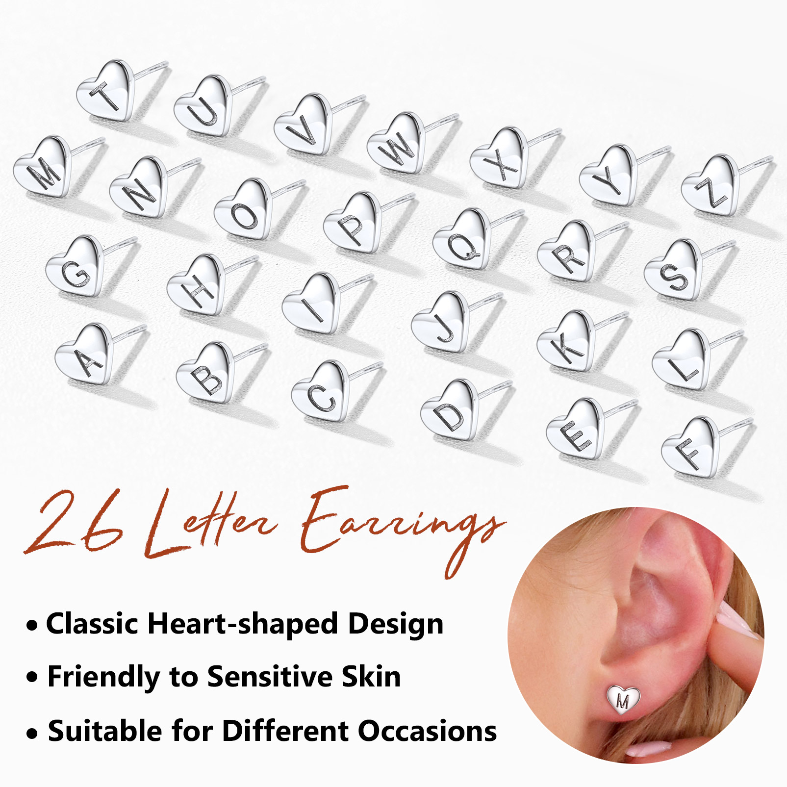 Silvora Initial Heart Earrings Hypoallergenic Sterling Silver Studs Women Tiny Letter A Ear Charms Jewelry Gift for Birthday Mother's Day
