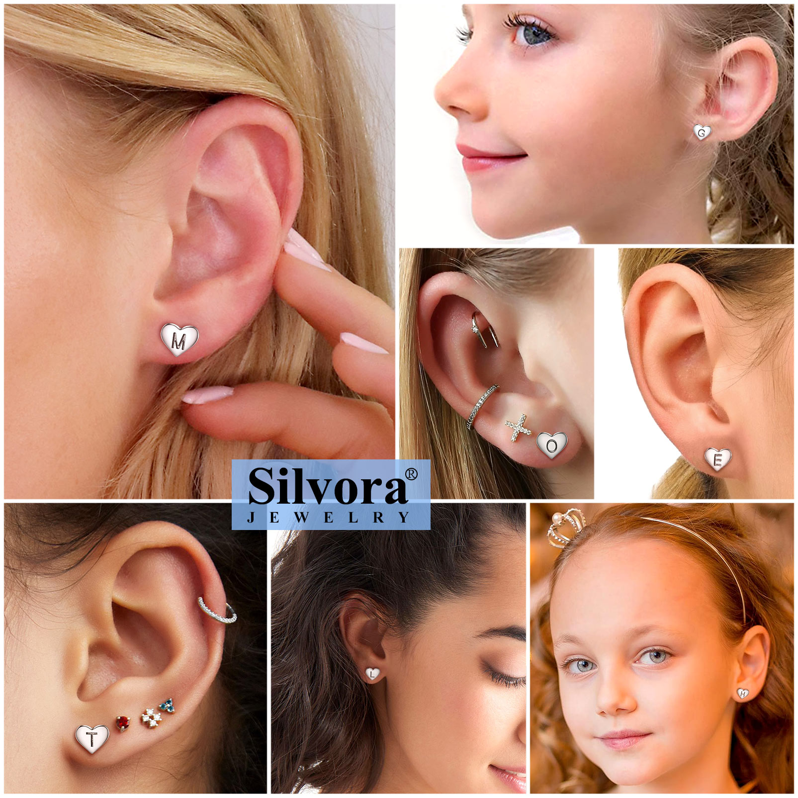 Silvora Initial Heart Earrings Hypoallergenic Sterling Silver Studs Women Tiny Letter A Ear Charms Jewelry Gift for Birthday Mother's Day