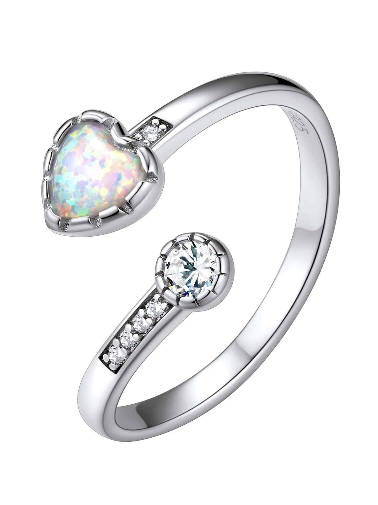 Silvora Adjustable Heart Opal Ring Sterling Silver Open Rings for Women Girls October Birthstone Jewelry Gift for Birthday Mother's Day