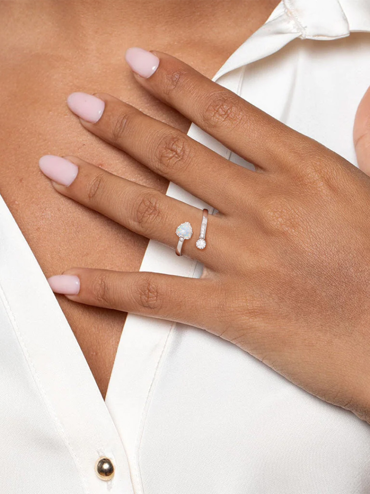 Silvora Adjustable Heart Opal Ring Sterling Silver Open Rings for Women Girls October Birthstone Jewelry Gift for Birthday Mother's Day