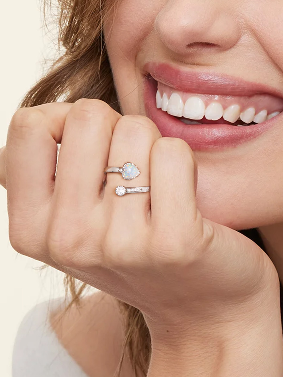 Silvora Adjustable Heart Opal Ring Sterling Silver Open Rings for Women Girls October Birthstone Jewelry Gift for Birthday Mother's Day