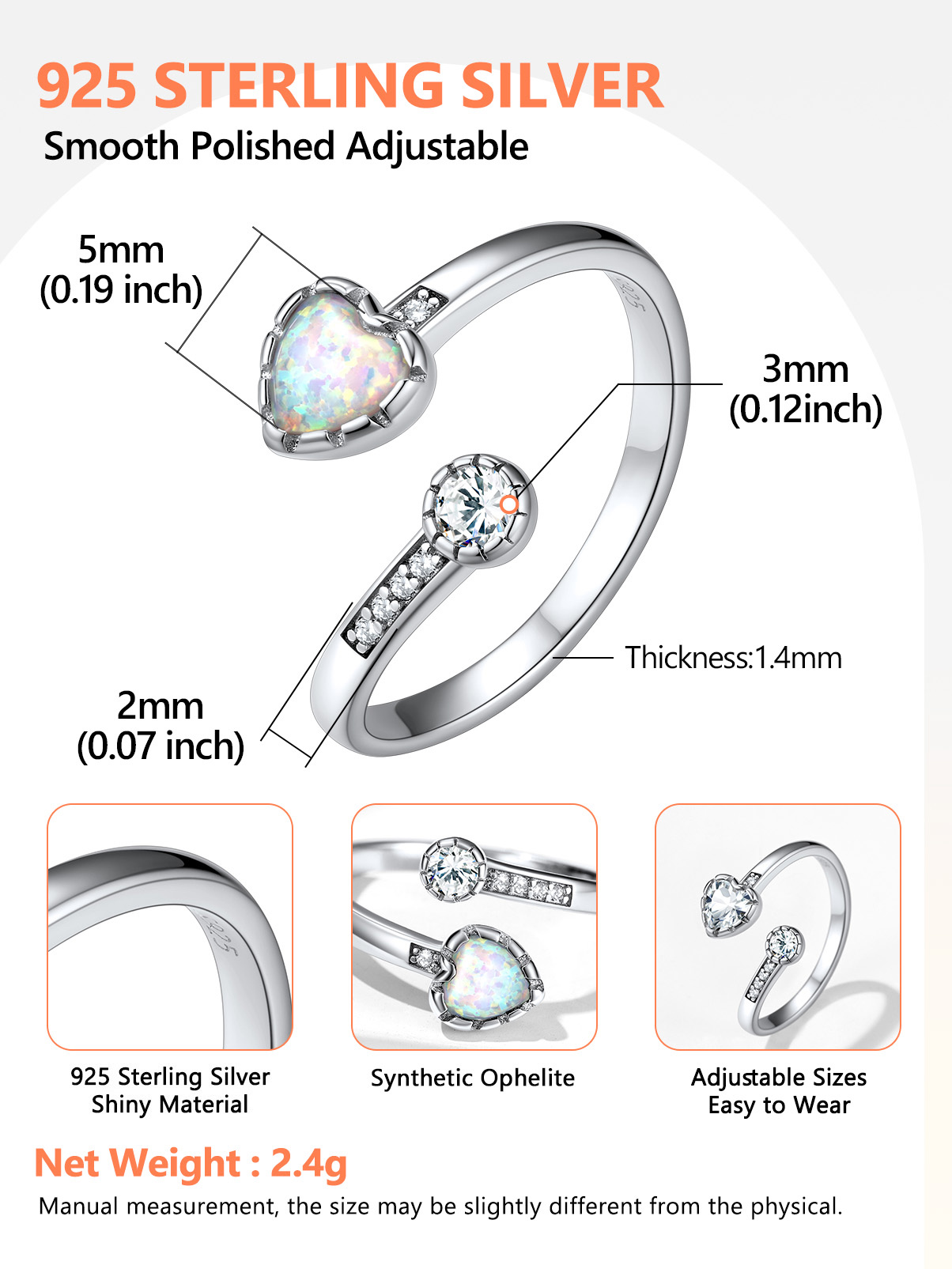 Silvora Adjustable Heart Opal Ring Sterling Silver Open Rings for Women Girls October Birthstone Jewelry Gift for Birthday Mother's Day