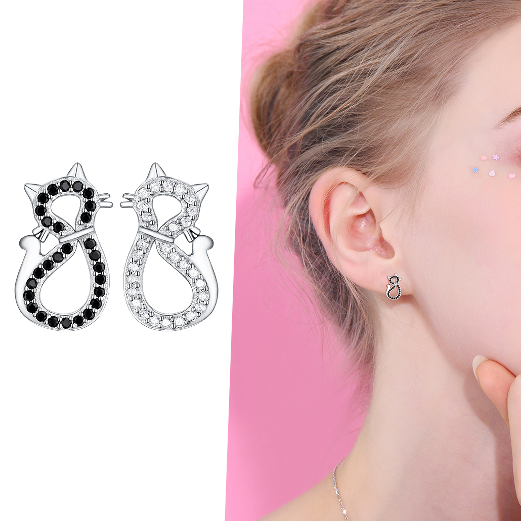 Silvora Sterling Silver Cute Cat Stud Earrings Cubic Zirconia Animal Statement Earrings Birthday Christmas Jewelry Gift for Wife Mom Daughter