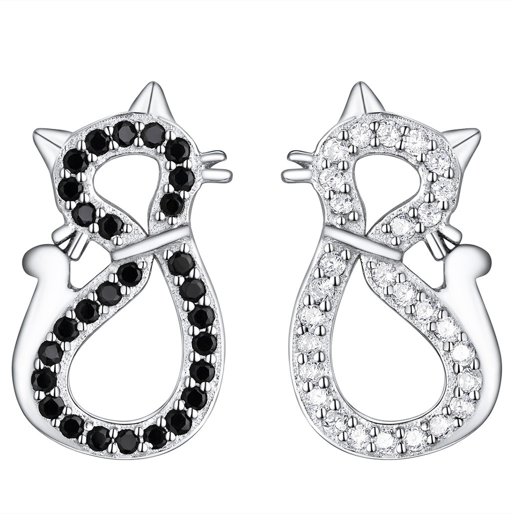 Silvora Sterling Silver Cute Cat Stud Earrings Cubic Zirconia Animal Statement Earrings Birthday Christmas Jewelry Gift for Wife Mom Daughter