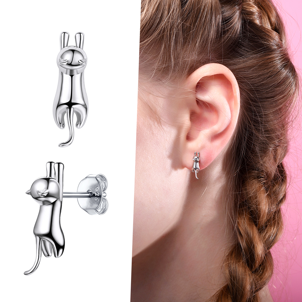 Silvora Sterling Silver Cute Cat Stud Earrings Cubic Zirconia Animal Statement Earrings Birthday Christmas Jewelry Gift for Wife Mom Daughter