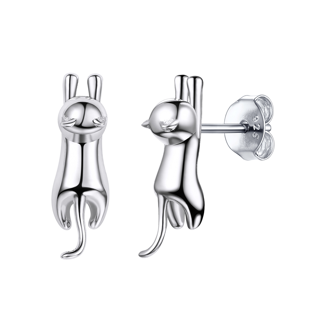 Silvora Sterling Silver Cute Cat Stud Earrings Cubic Zirconia Animal Statement Earrings Birthday Christmas Jewelry Gift for Wife Mom Daughter