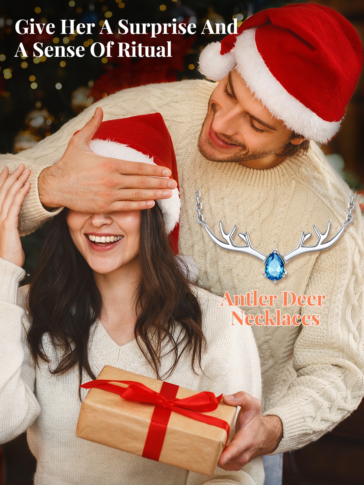 Silvora Cute Antler Deer Pendant Necklaces Sterling Silver Synthetic Turquoise Gemstone Crystal Necklace Christmas Gift for Women Girls