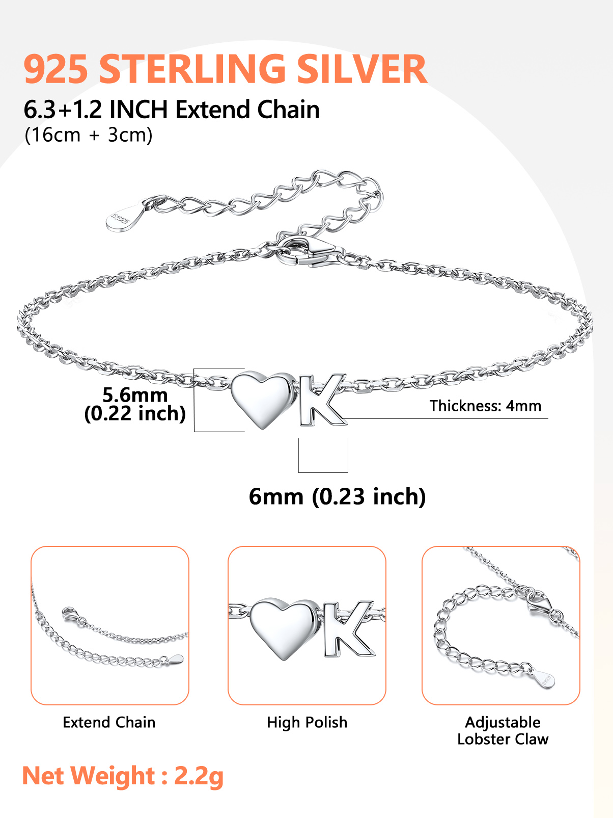 Silvora Women Silver Initial Bracelet with Heart Charm, Personalized 26 Letter Heart Bracelet Jewelry Gift for Teen Girls Daughter Mom (K)