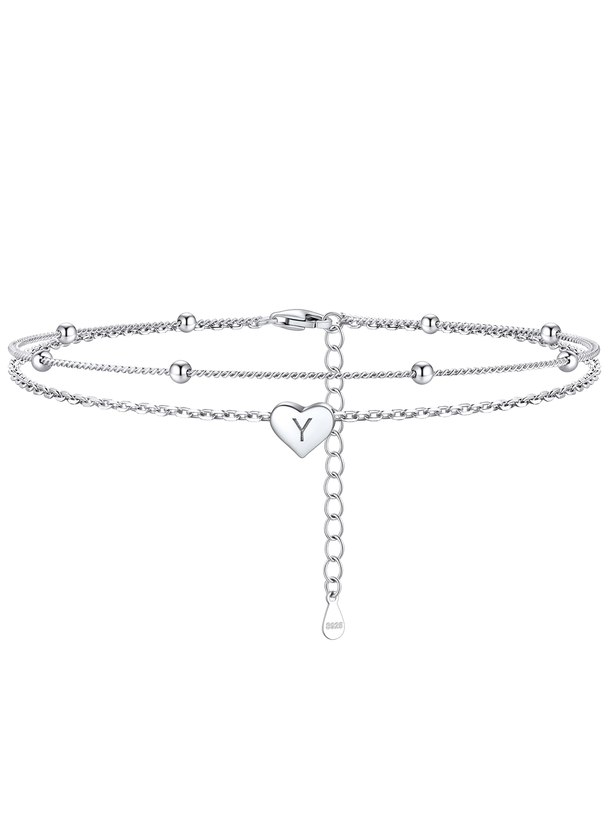Silvora Double Layered Sterling Silver Anklet Bracelets for Women, Dainty Initial K Heart Anklet Beaded Chain Gift for Christmas Birthday