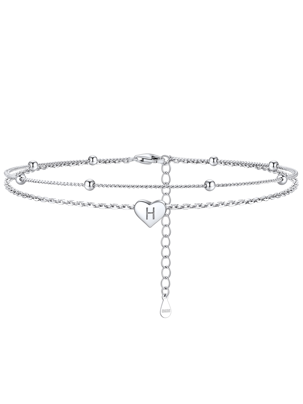 Silvora Double Layered Sterling Silver Anklet Bracelets for Women, Dainty Initial K Heart Anklet Beaded Chain Gift for Christmas Birthday