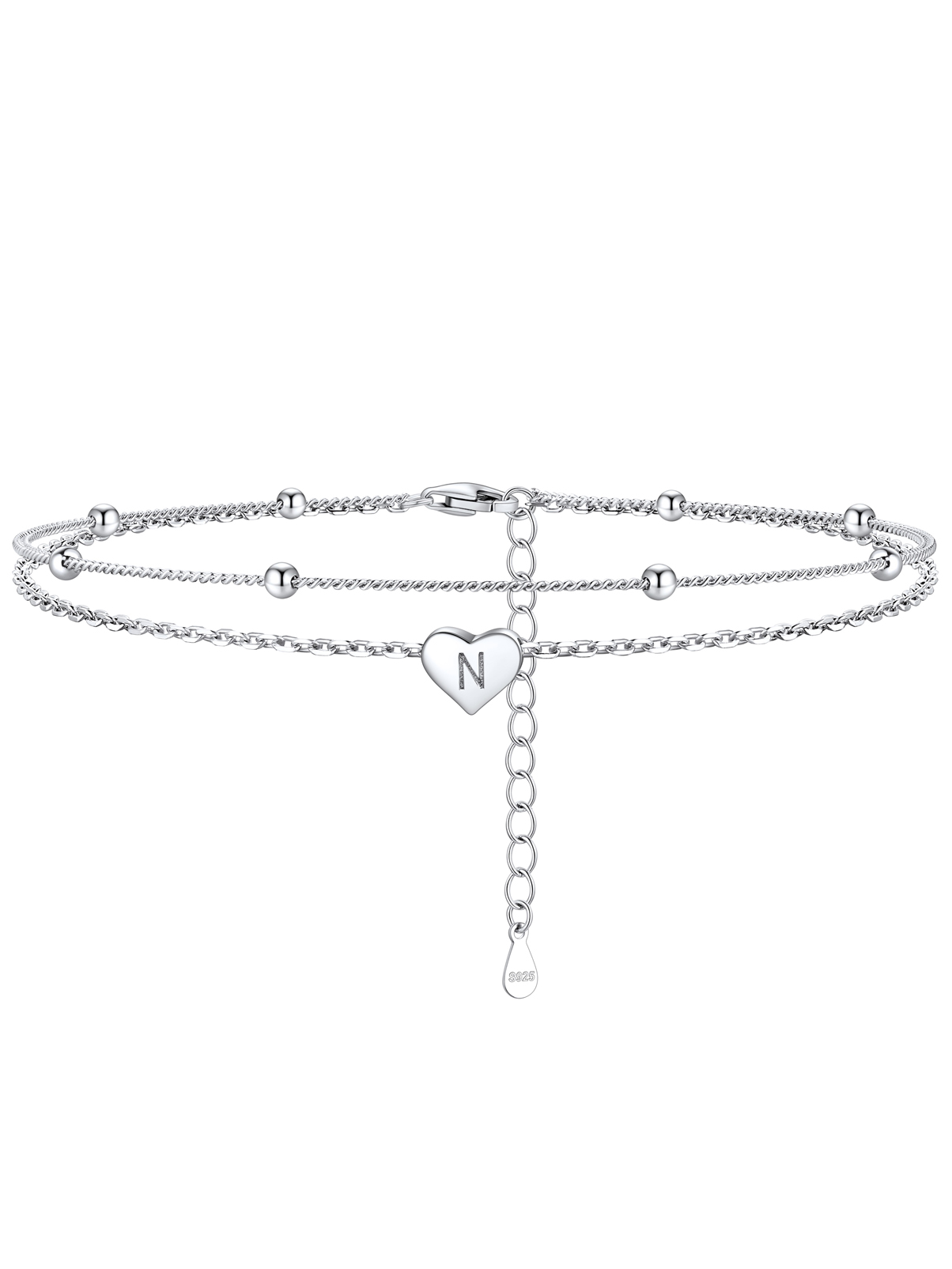 Silvora Double Layered Sterling Silver Anklet Bracelets for Women, Dainty Initial K Heart Anklet Beaded Chain Gift for Christmas Birthday
