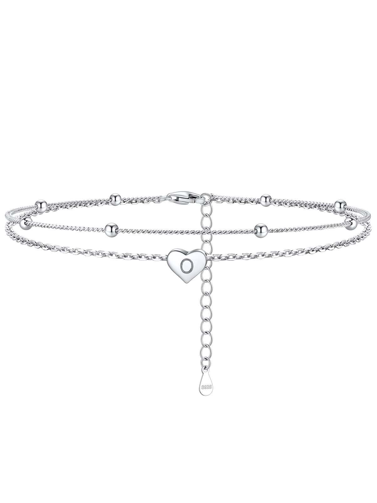 Silvora Double Layered Sterling Silver Anklet Bracelets for Women, Dainty Initial K Heart Anklet Beaded Chain Gift for Christmas Birthday
