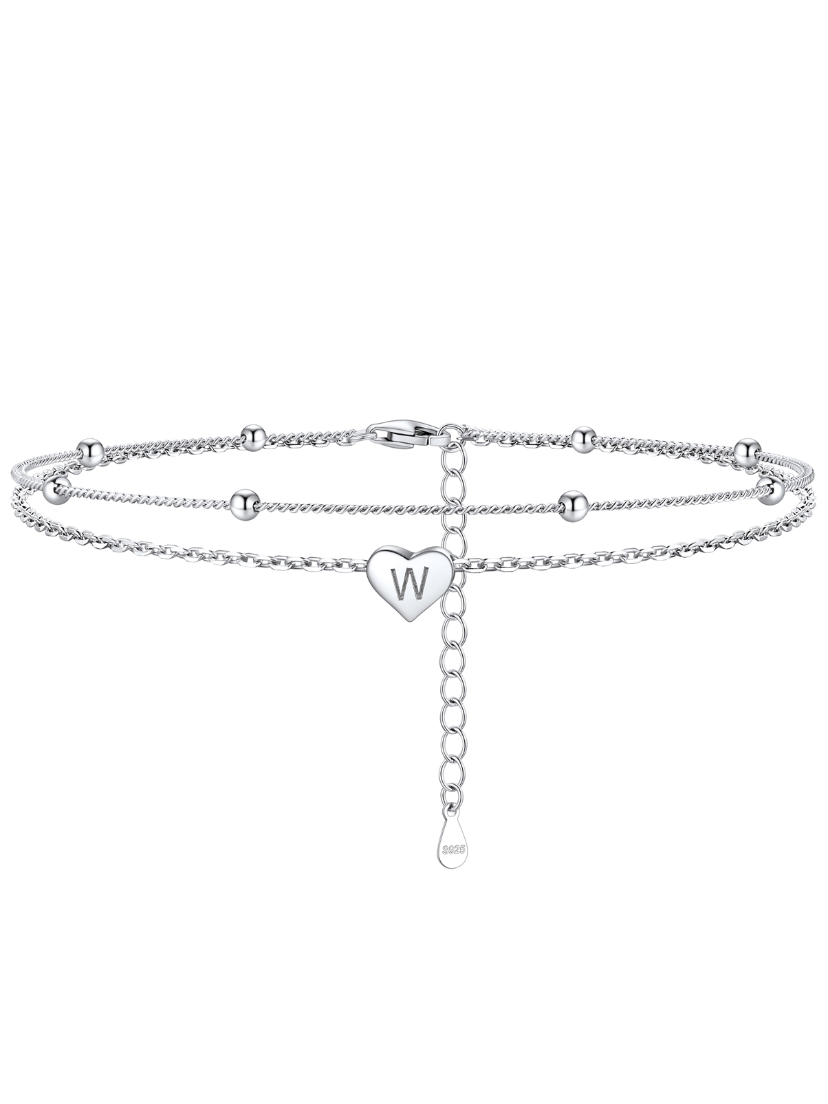 Silvora Double Layered Sterling Silver Anklet Bracelets for Women, Dainty Initial K Heart Anklet Beaded Chain Gift for Christmas Birthday