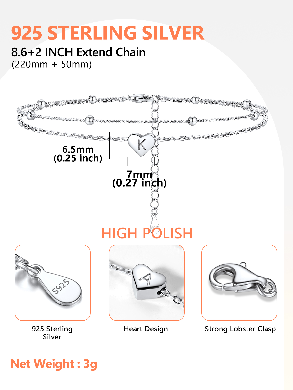 Silvora Double Layered Sterling Silver Anklet Bracelets for Women, Dainty Initial K Heart Anklet Beaded Chain Gift for Christmas Birthday