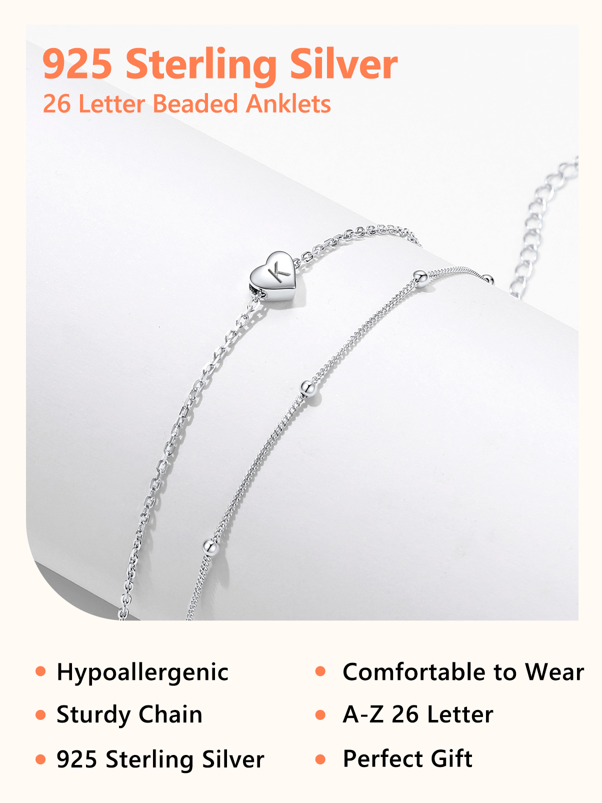 Silvora Double Layered Sterling Silver Anklet Bracelets for Women, Dainty Initial K Heart Anklet Beaded Chain Gift for Christmas Birthday