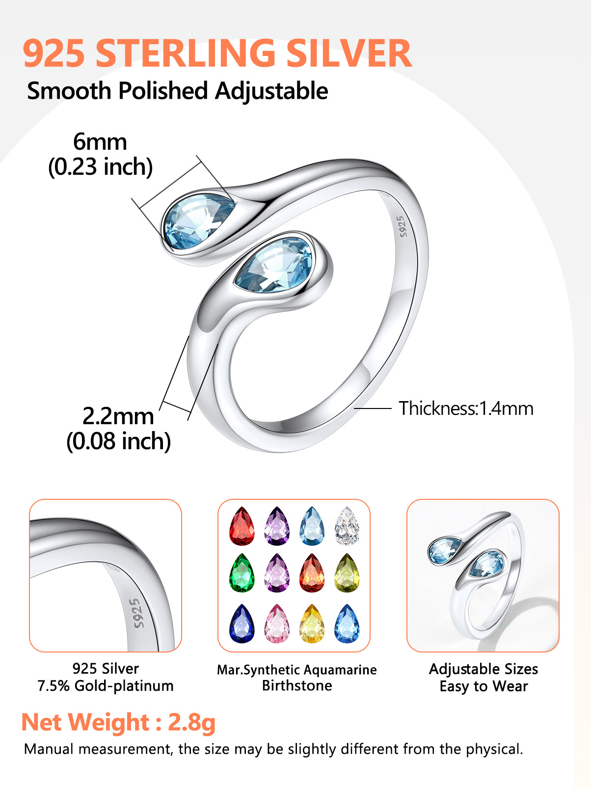 Silvora 925 Sterling Silver Adjustable Ring Pear Birthstone Open Rings for Women Daughter Girlfriend Mother (March, Synthetic Aquamarine)
