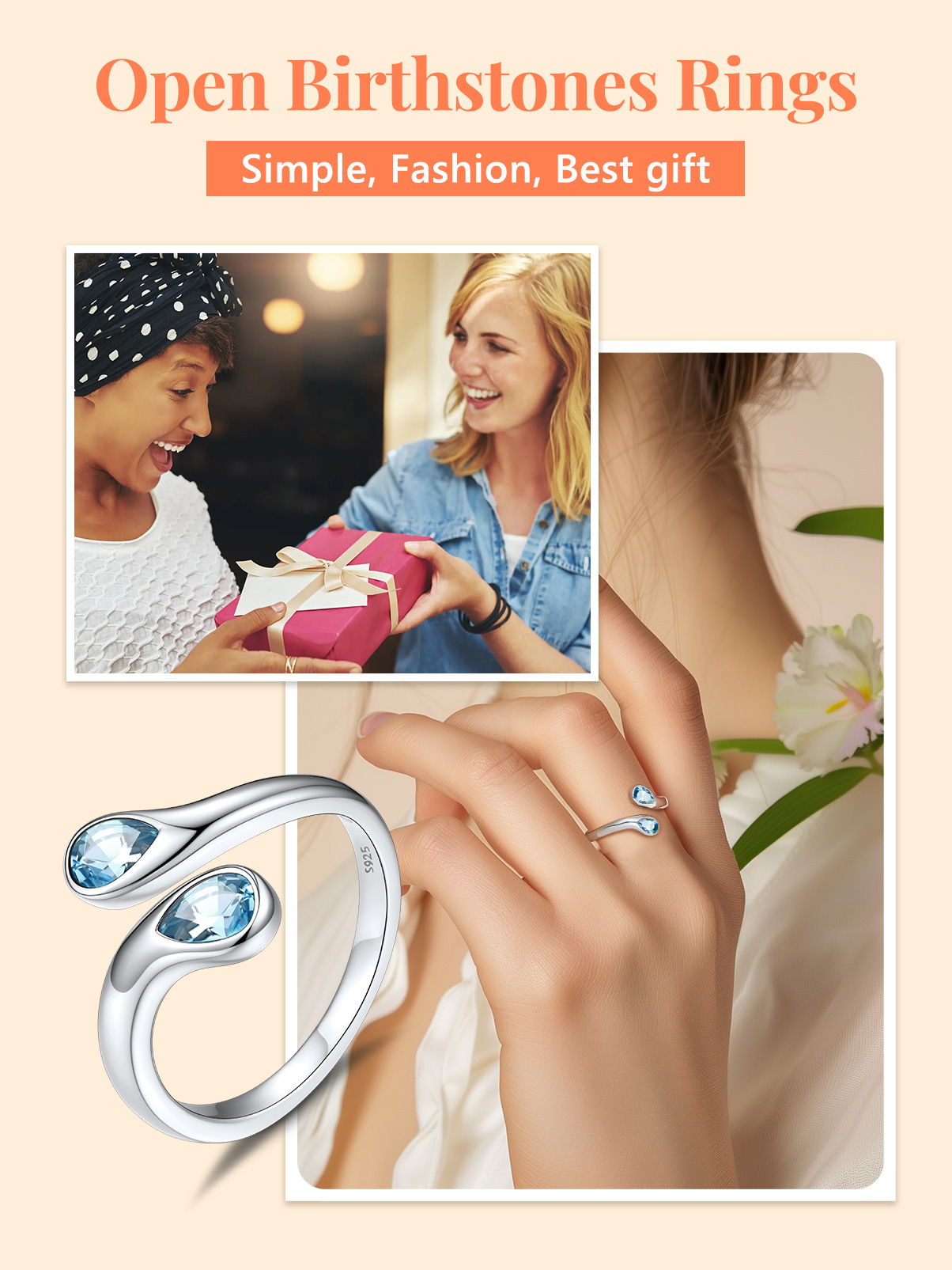 Silvora 925 Sterling Silver Adjustable Ring Pear Birthstone Open Rings for Women Daughter Girlfriend Mother (March, Synthetic Aquamarine)