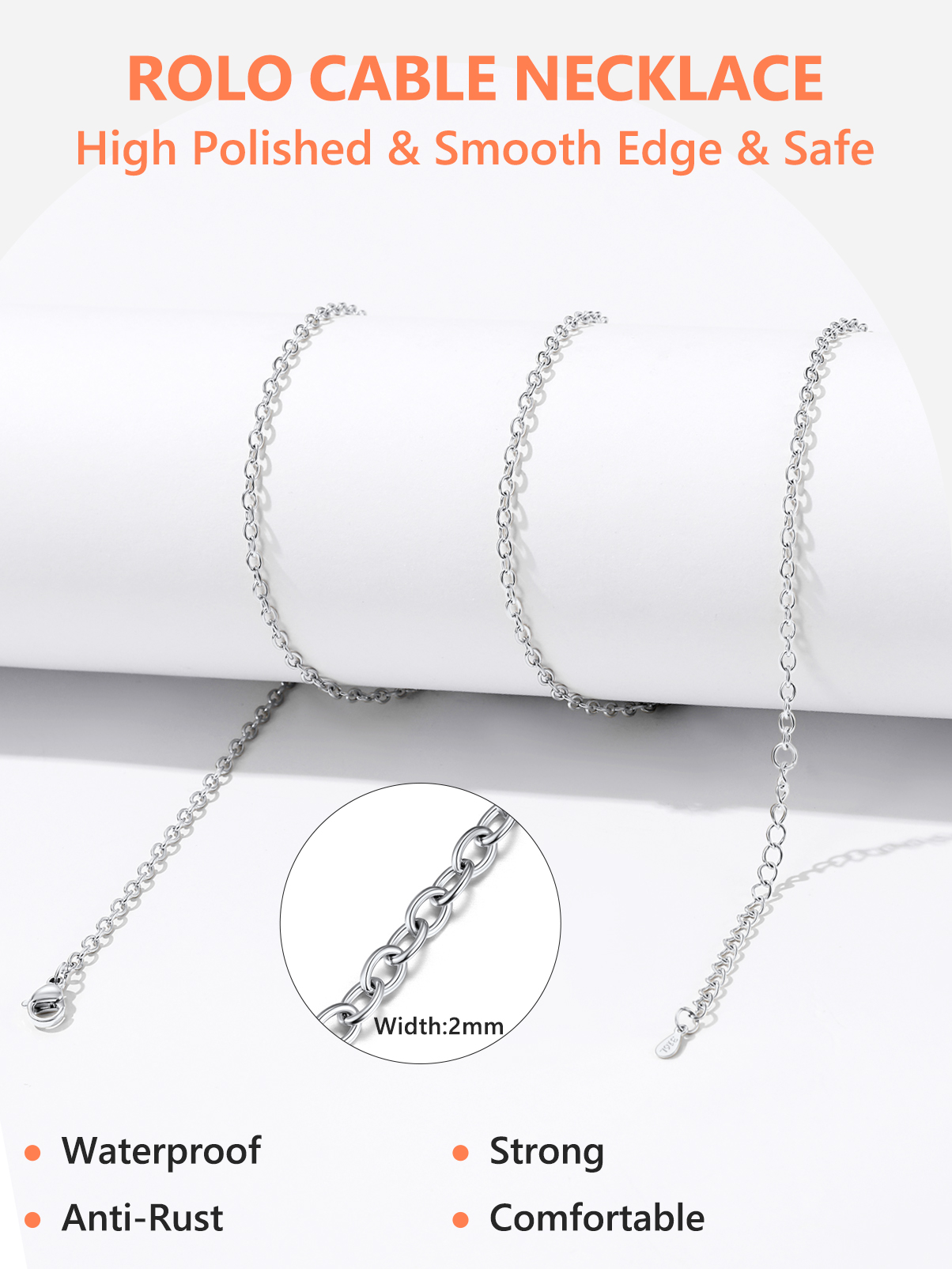 Silvora 2mm Hypoallergenic Chains for Pendant Stainless Steel Necklace for Women Rolo Cable Chain 14-30 inches