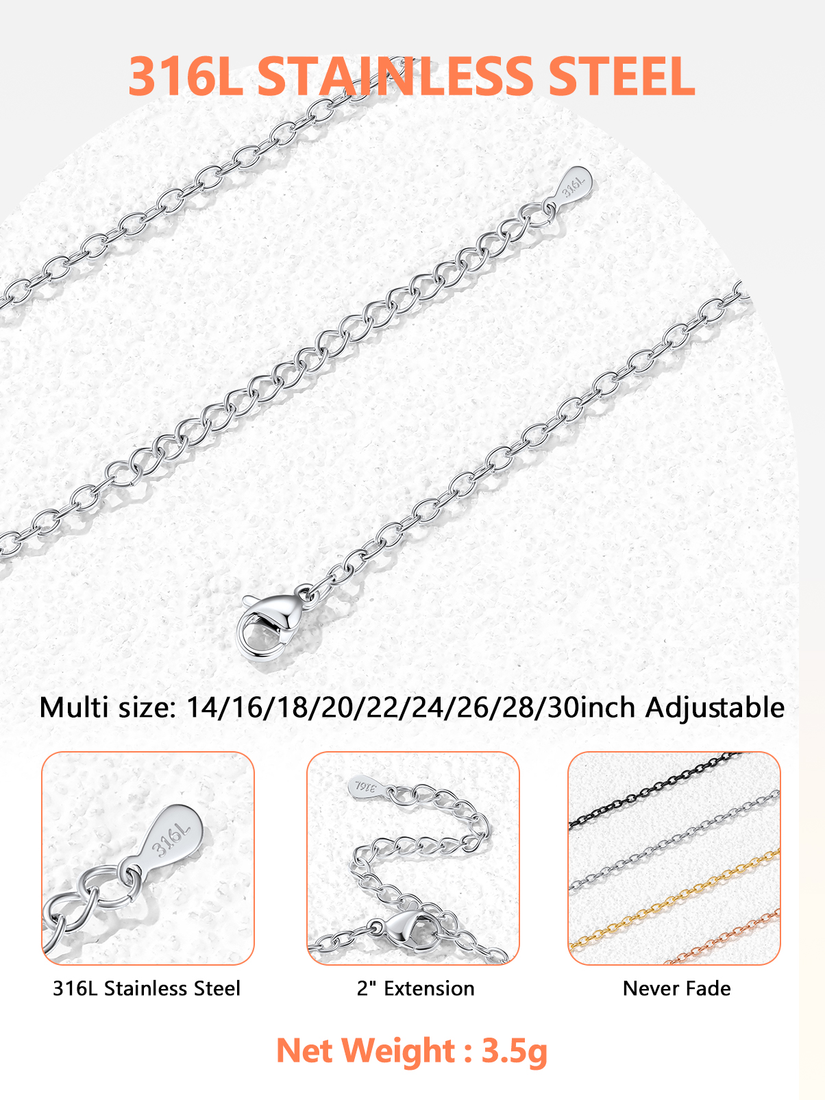 Silvora 2mm Hypoallergenic Chains for Pendant Stainless Steel Necklace for Women Rolo Cable Chain 14-30 inches
