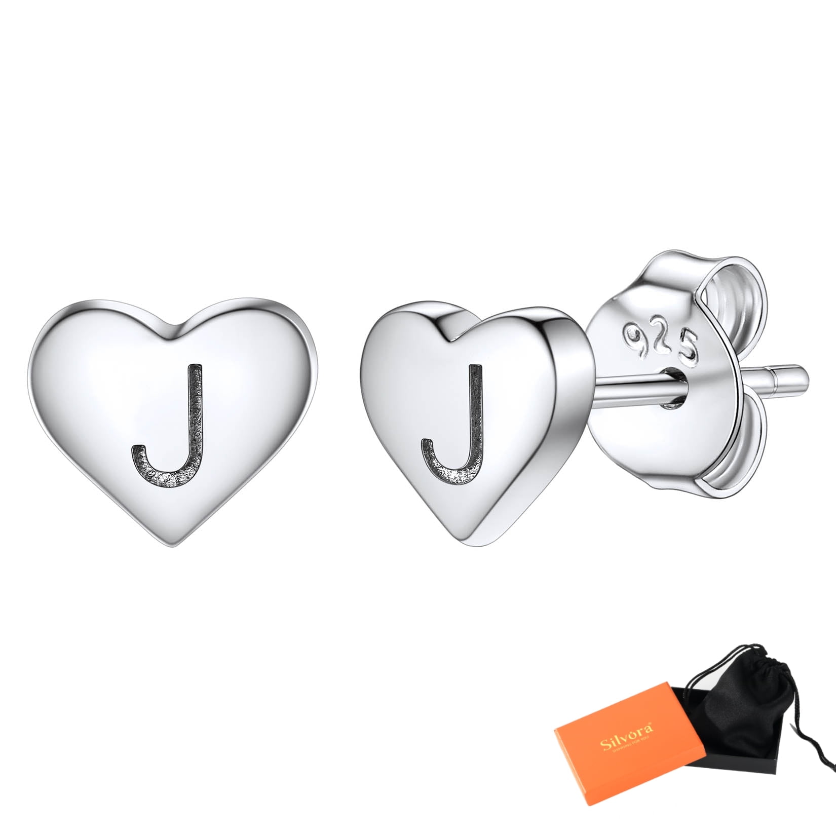 Silvora Initial Heart Earrings Hypoallergenic Sterling Silver Studs Women Tiny Letter A Ear Charms Jewelry Gift for Birthday Mother's Day
