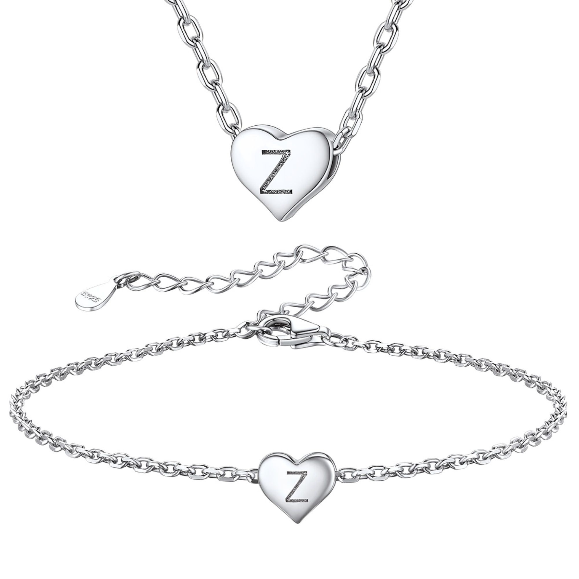 Silvora Initial Bracelet & Necklace Sets for Women Silver Heart Letter Pendant Jewelry Set Birthday Christmas Mother's Day Valentines Gifts with Box