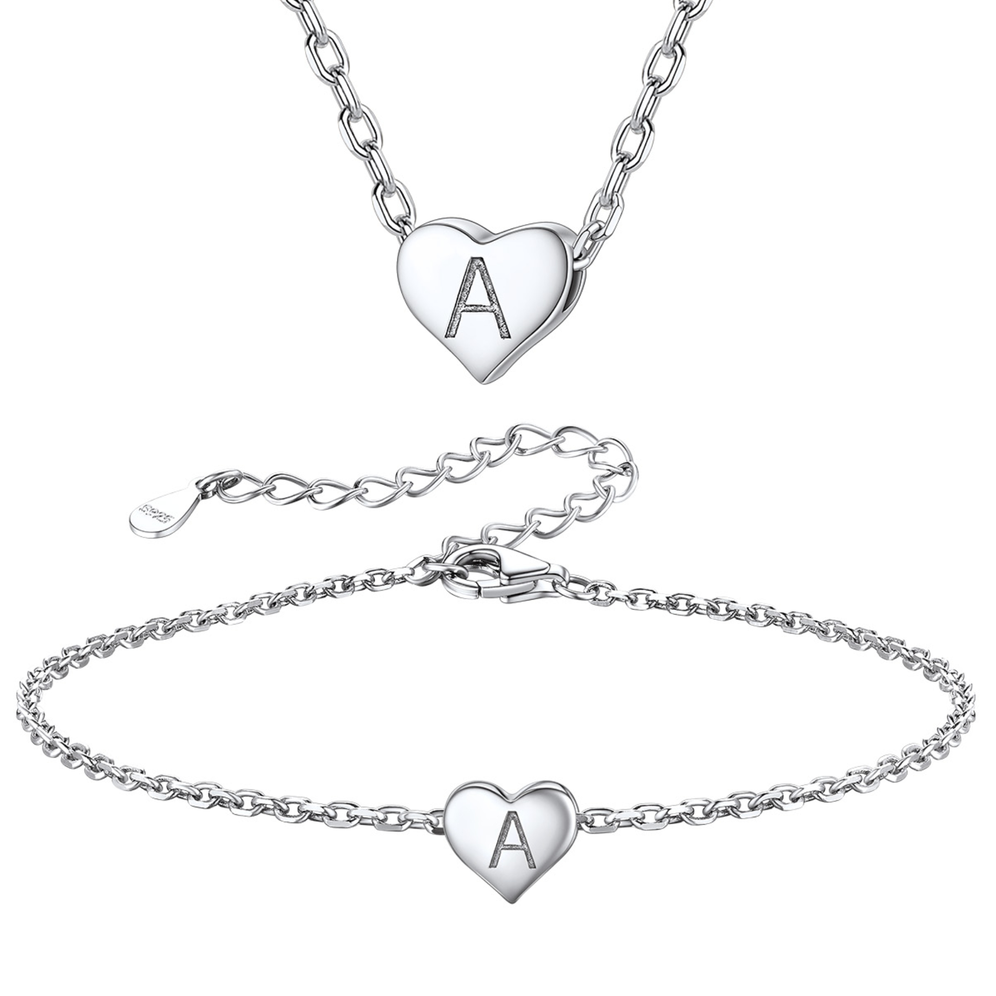 Silvora Initial Bracelet & Necklace Sets for Women Silver Heart Letter Pendant Jewelry Set Birthday Christmas Mother's Day Valentines Gifts with Box