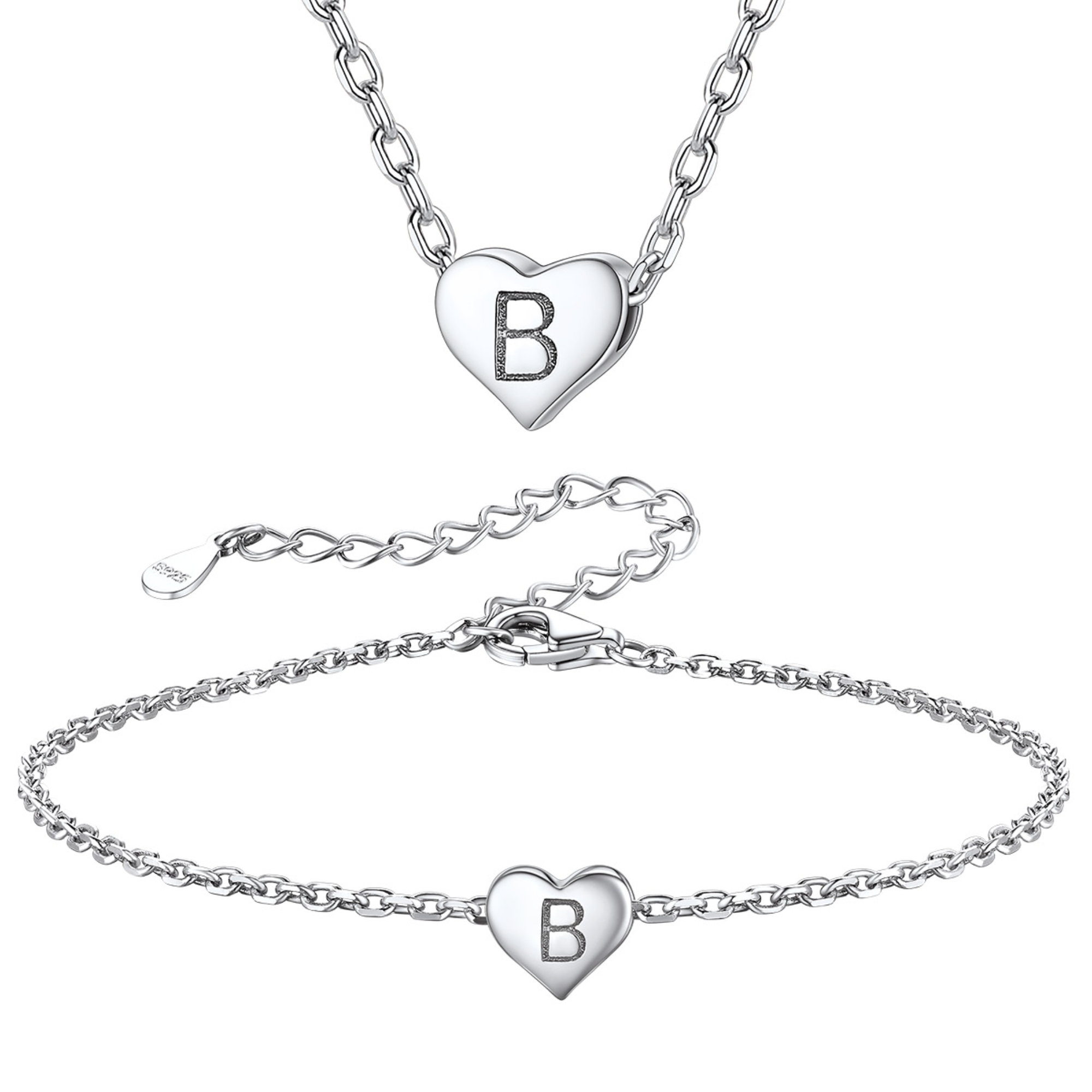 Silvora Initial Bracelet & Necklace Sets for Women Silver Heart Letter Pendant Jewelry Set Birthday Christmas Mother's Day Valentines Gifts with Box