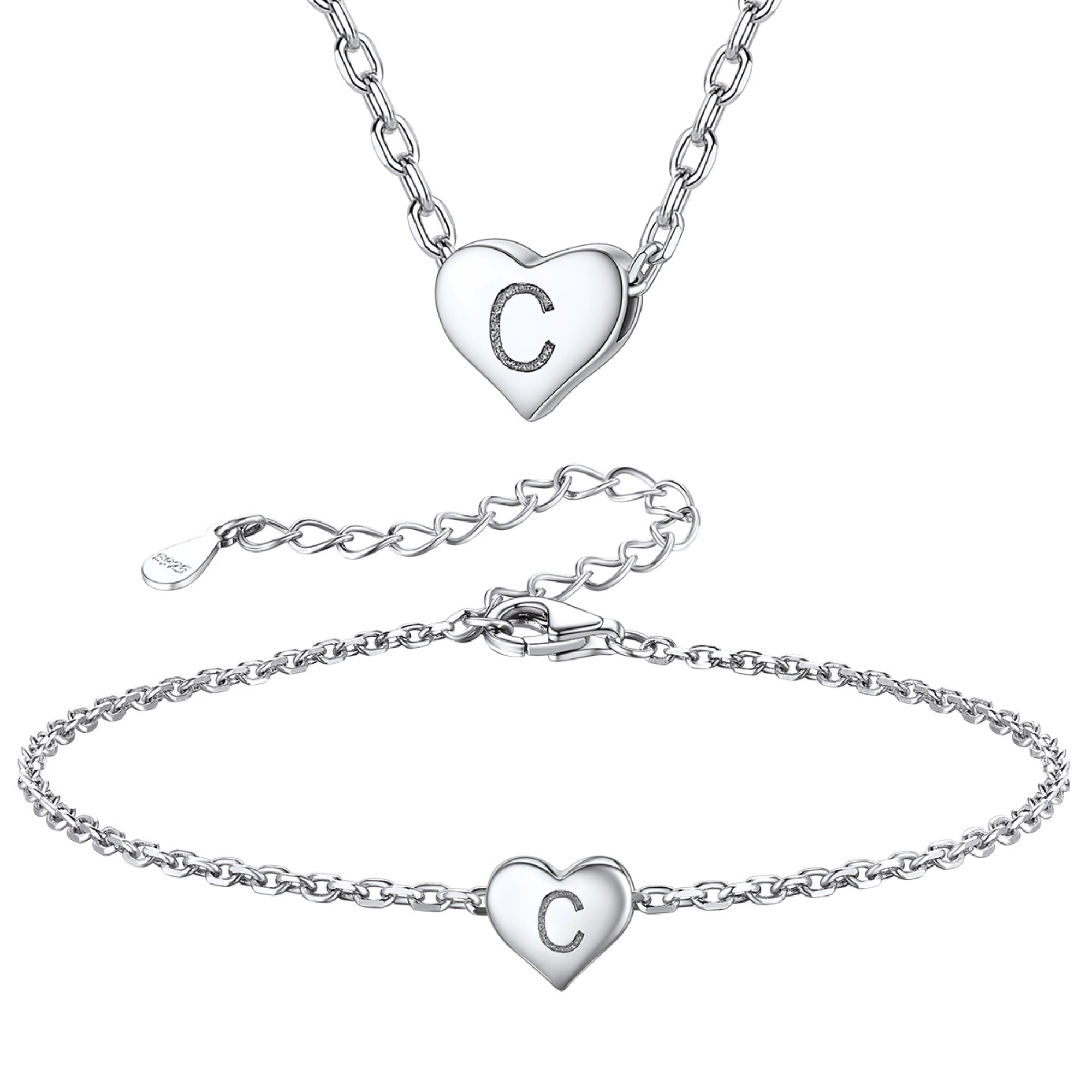 Silvora Initial Bracelet & Necklace Sets for Women Silver Heart Letter Pendant Jewelry Set Birthday Christmas Mother's Day Valentines Gifts with Box