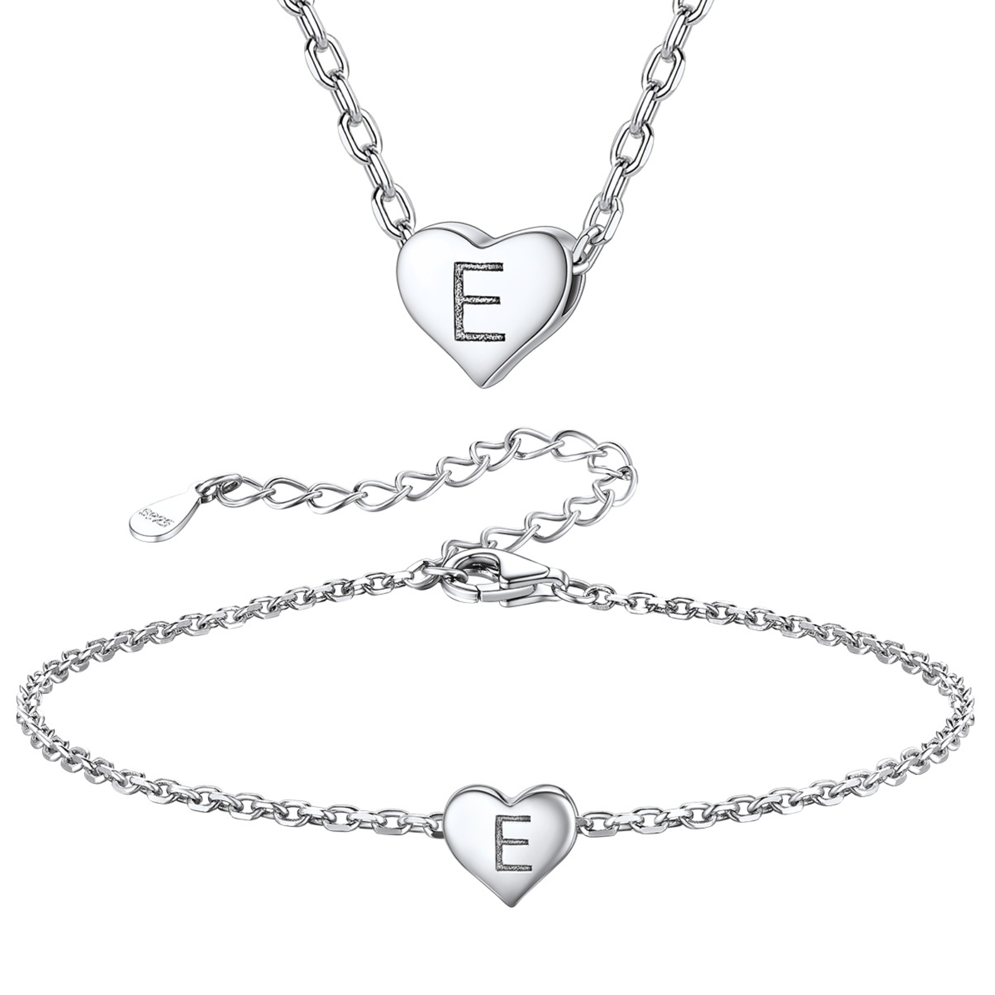 Silvora Initial Bracelet & Necklace Sets for Women Silver Heart Letter Pendant Jewelry Set Birthday Christmas Mother's Day Valentines Gifts with Box