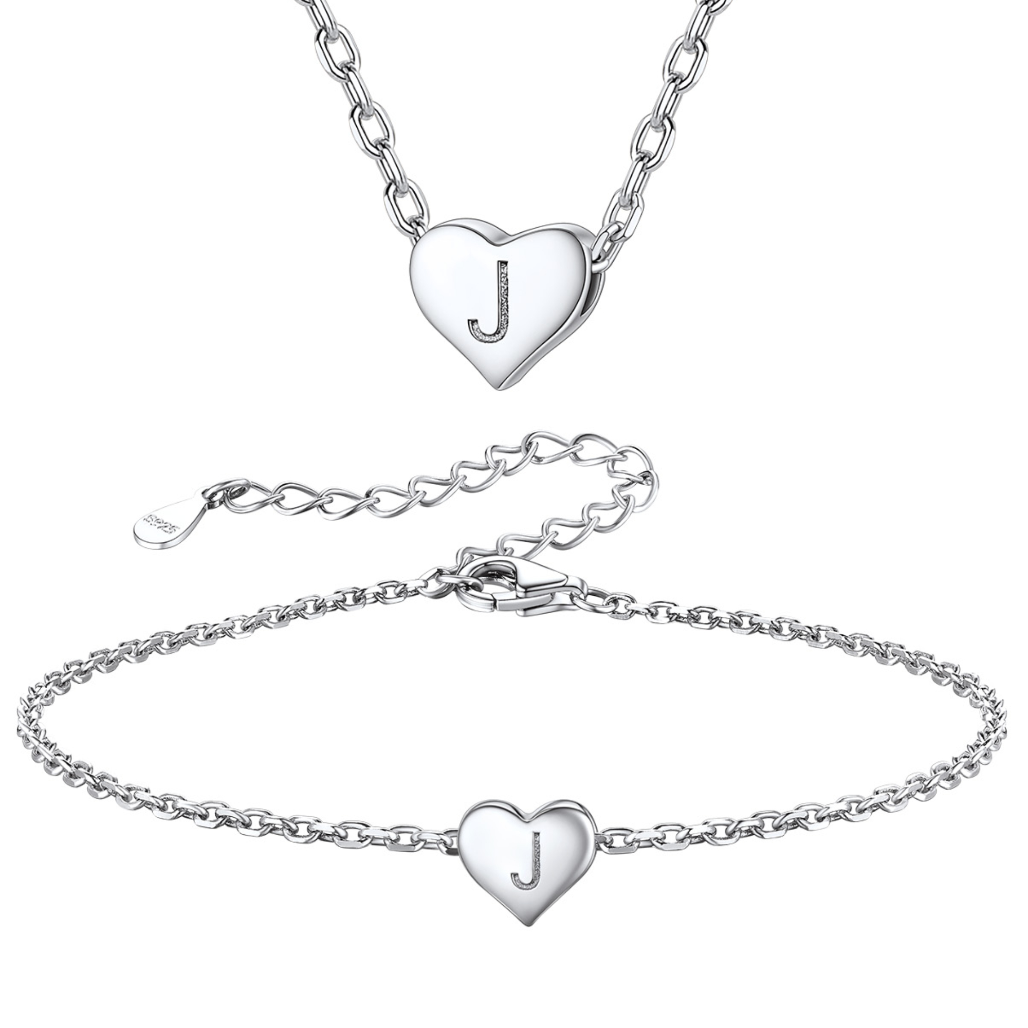 Silvora Initial Bracelet & Necklace Sets for Women Silver Heart Letter Pendant Jewelry Set Birthday Christmas Mother's Day Valentines Gifts with Box