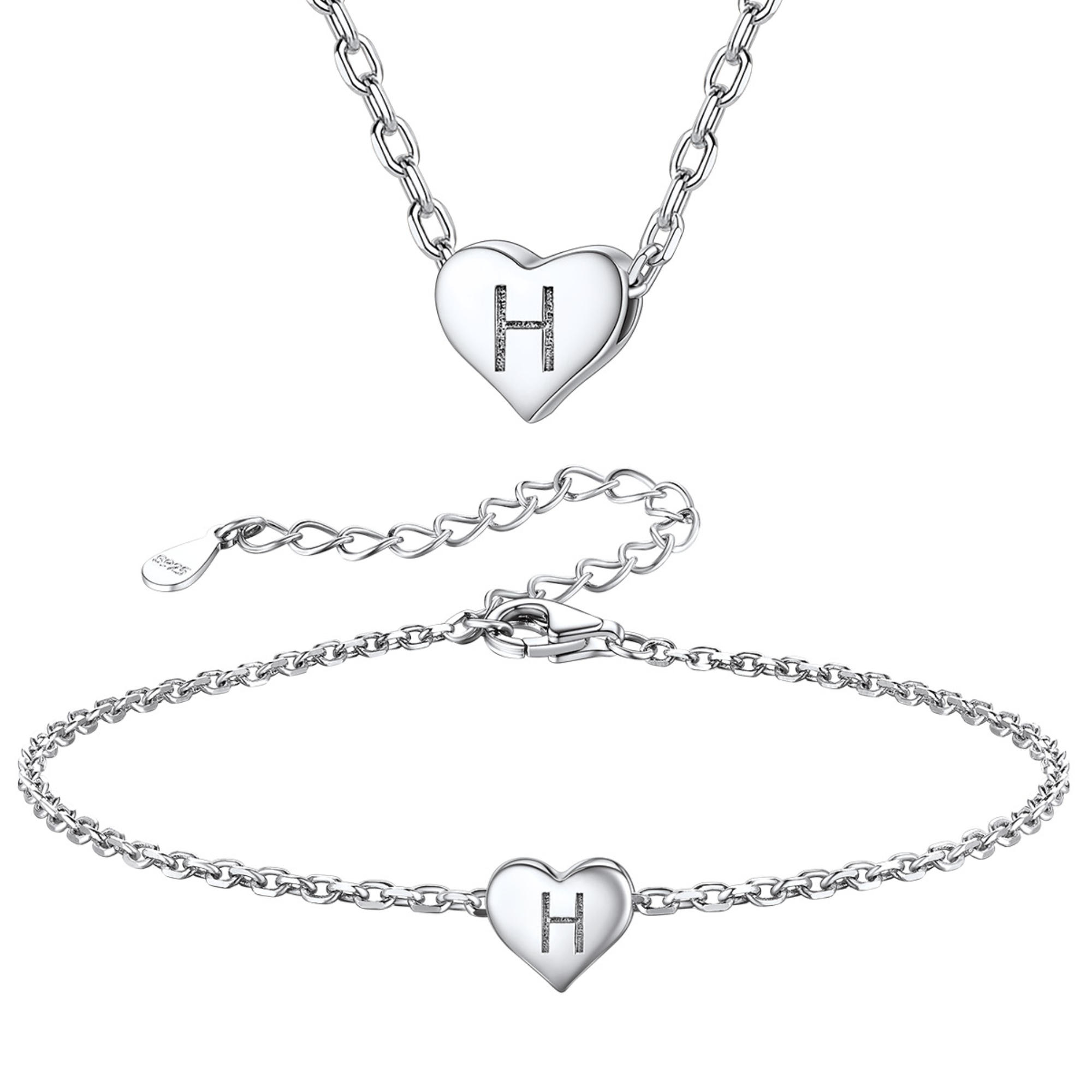 Silvora Initial Bracelet & Necklace Sets for Women Silver Heart Letter Pendant Jewelry Set Birthday Christmas Mother's Day Valentines Gifts with Box