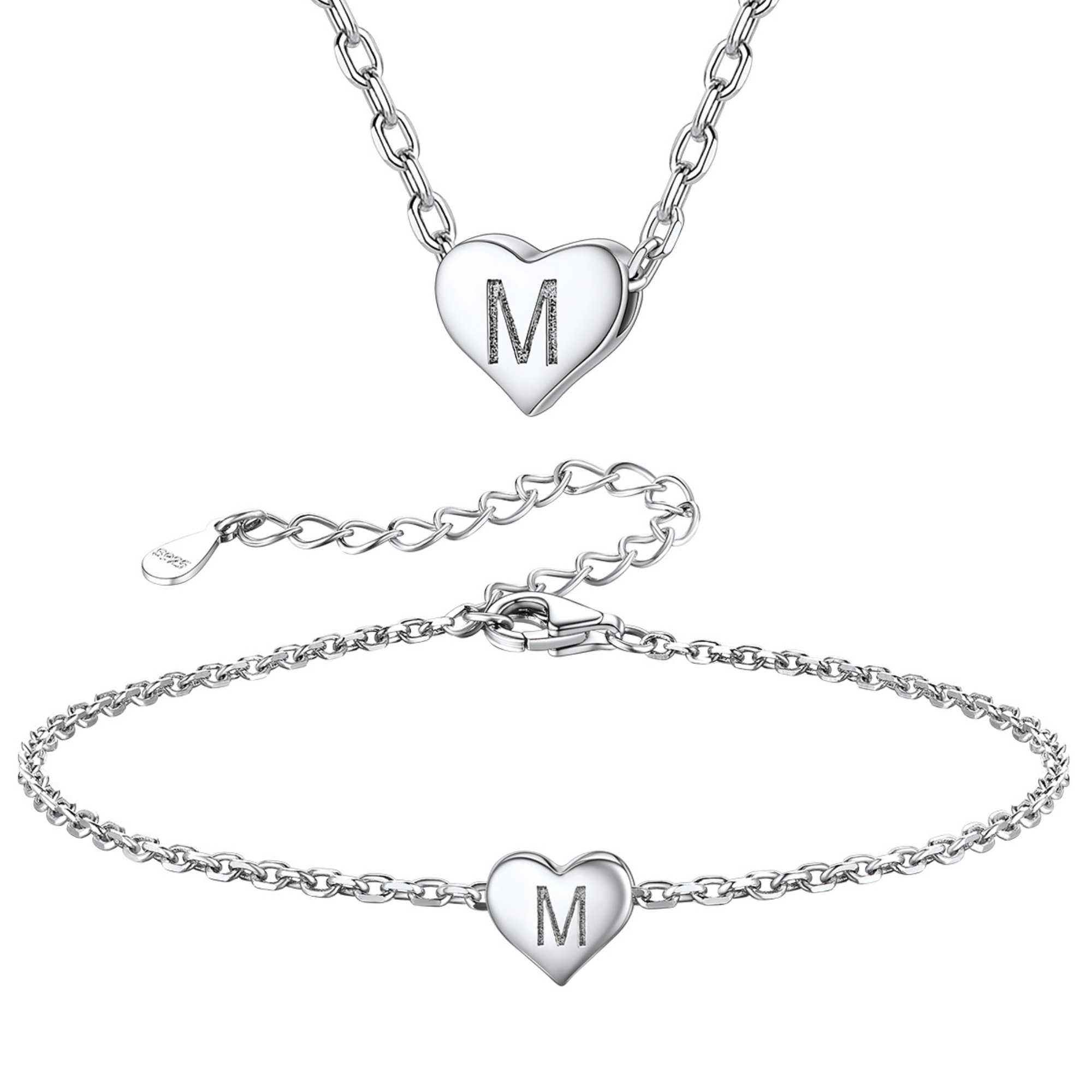 Silvora Initial Bracelet & Necklace Sets for Women Silver Heart Letter Pendant Jewelry Set Birthday Christmas Mother's Day Valentines Gifts with Box