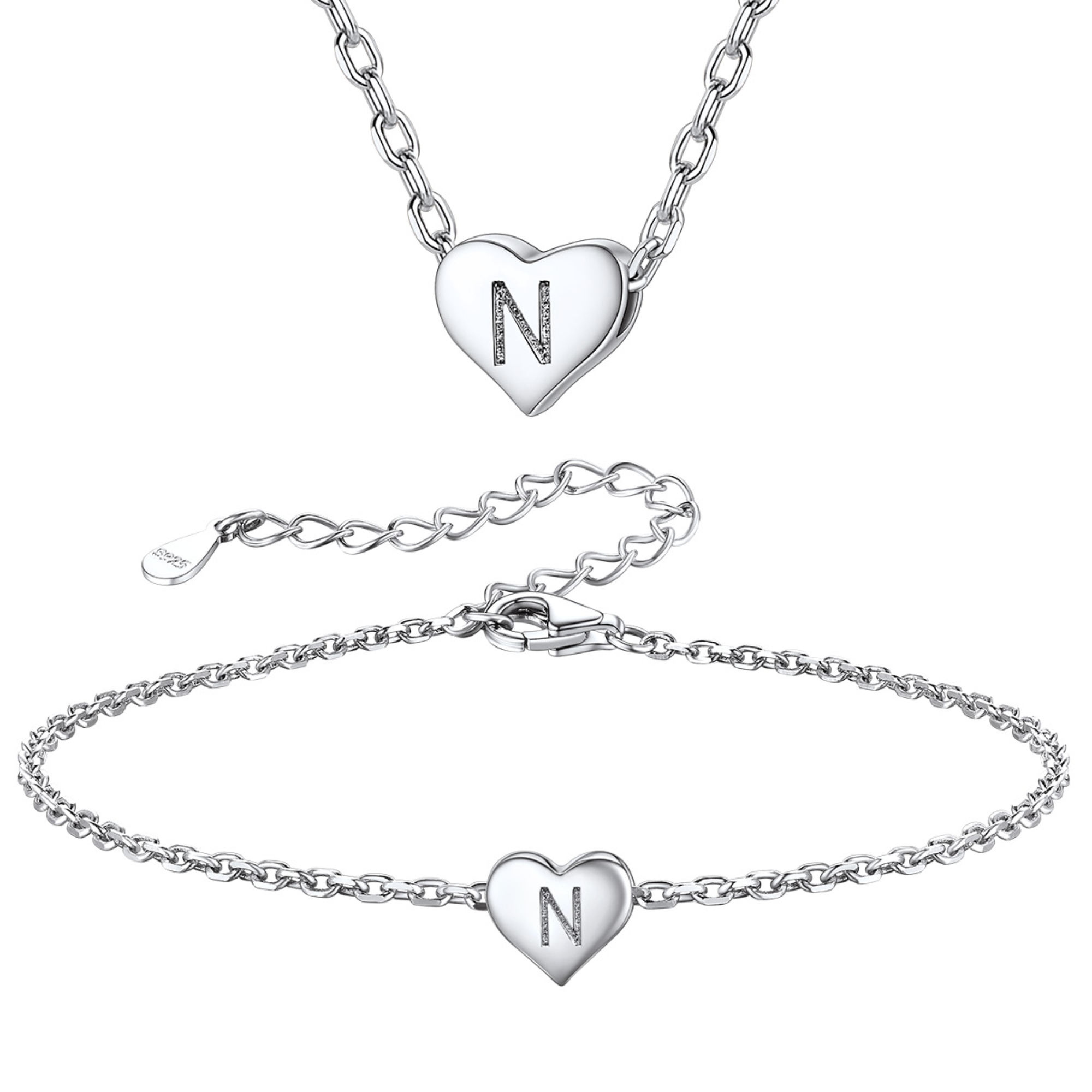 Silvora Initial Bracelet & Necklace Sets for Women Silver Heart Letter Pendant Jewelry Set Birthday Christmas Mother's Day Valentines Gifts with Box