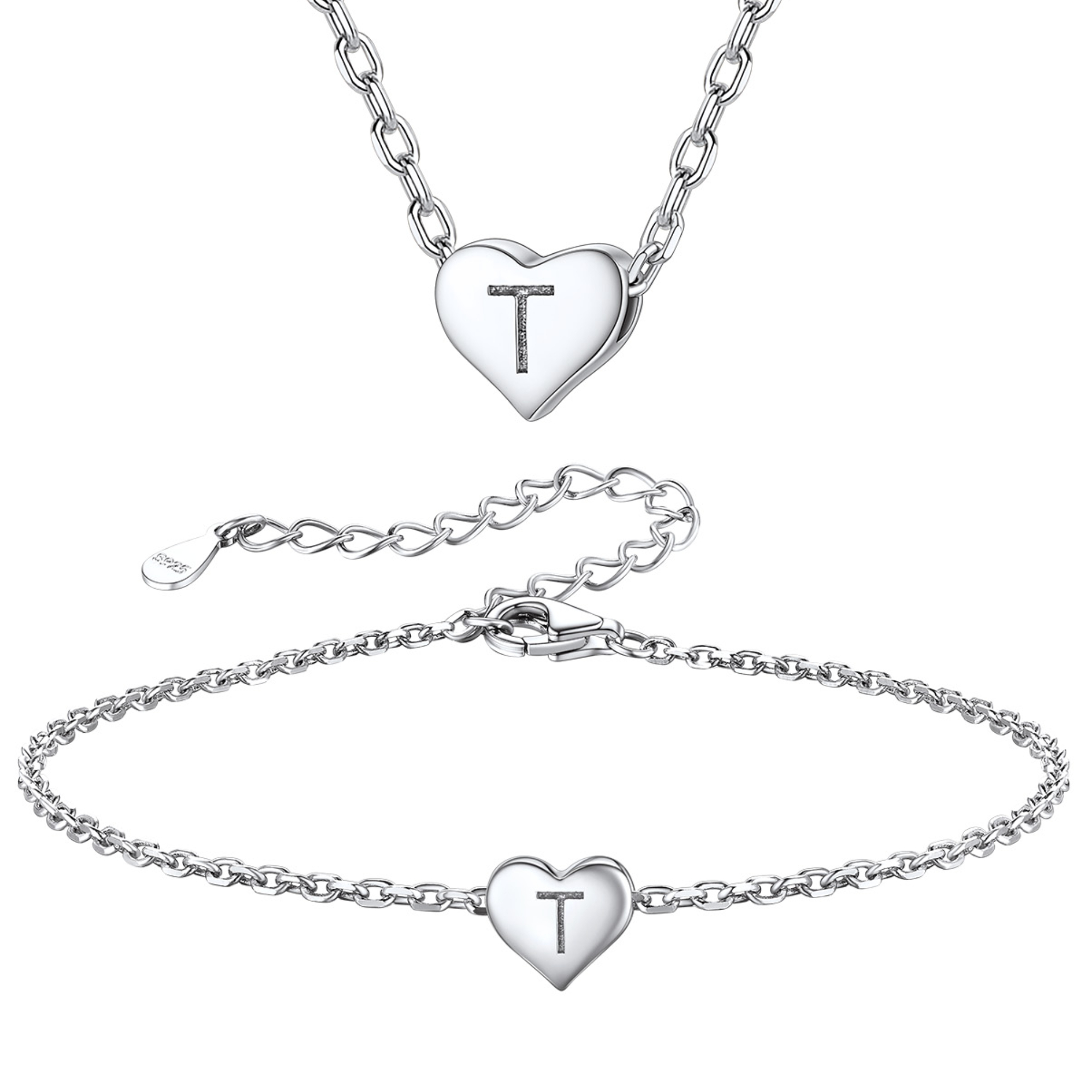 Silvora Initial Bracelet & Necklace Sets for Women Silver Heart Letter Pendant Jewelry Set Birthday Christmas Mother's Day Valentines Gifts with Box