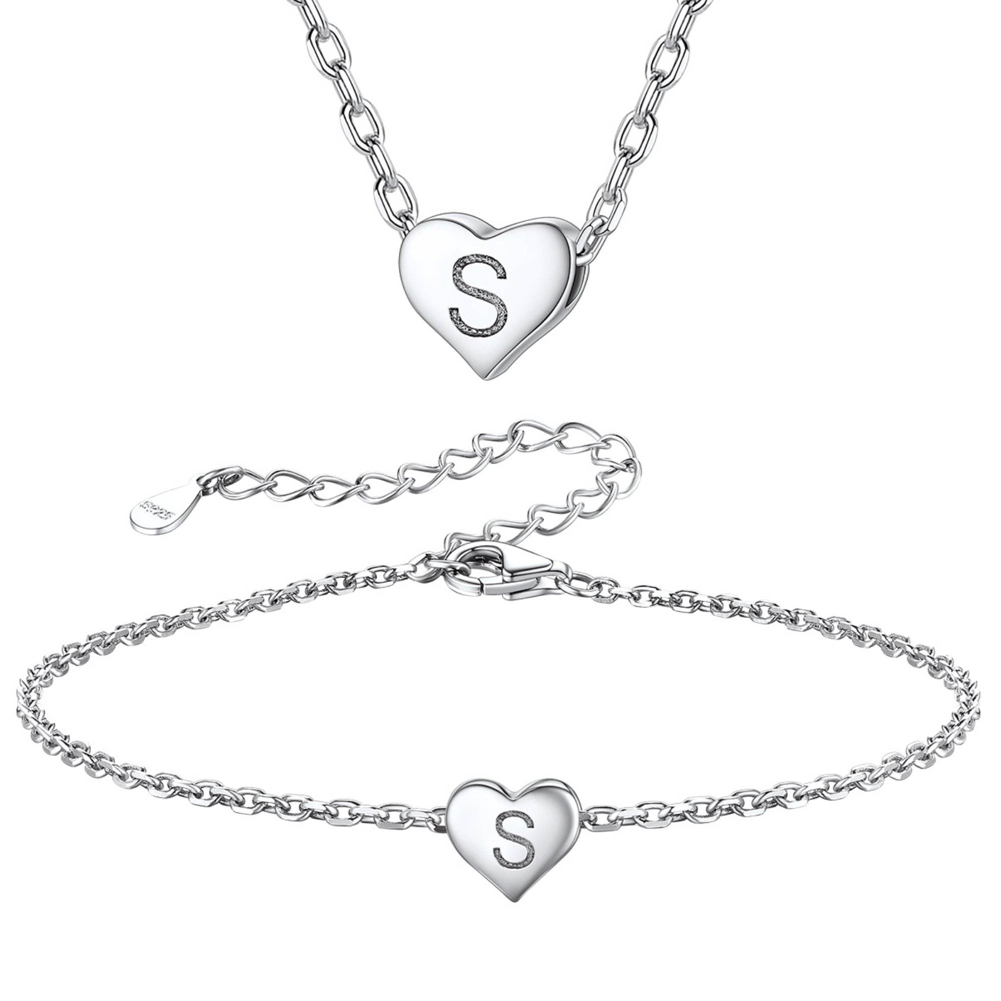 Silvora Initial Bracelet & Necklace Sets for Women Silver Heart Letter Pendant Jewelry Set Birthday Christmas Mother's Day Valentines Gifts with Box