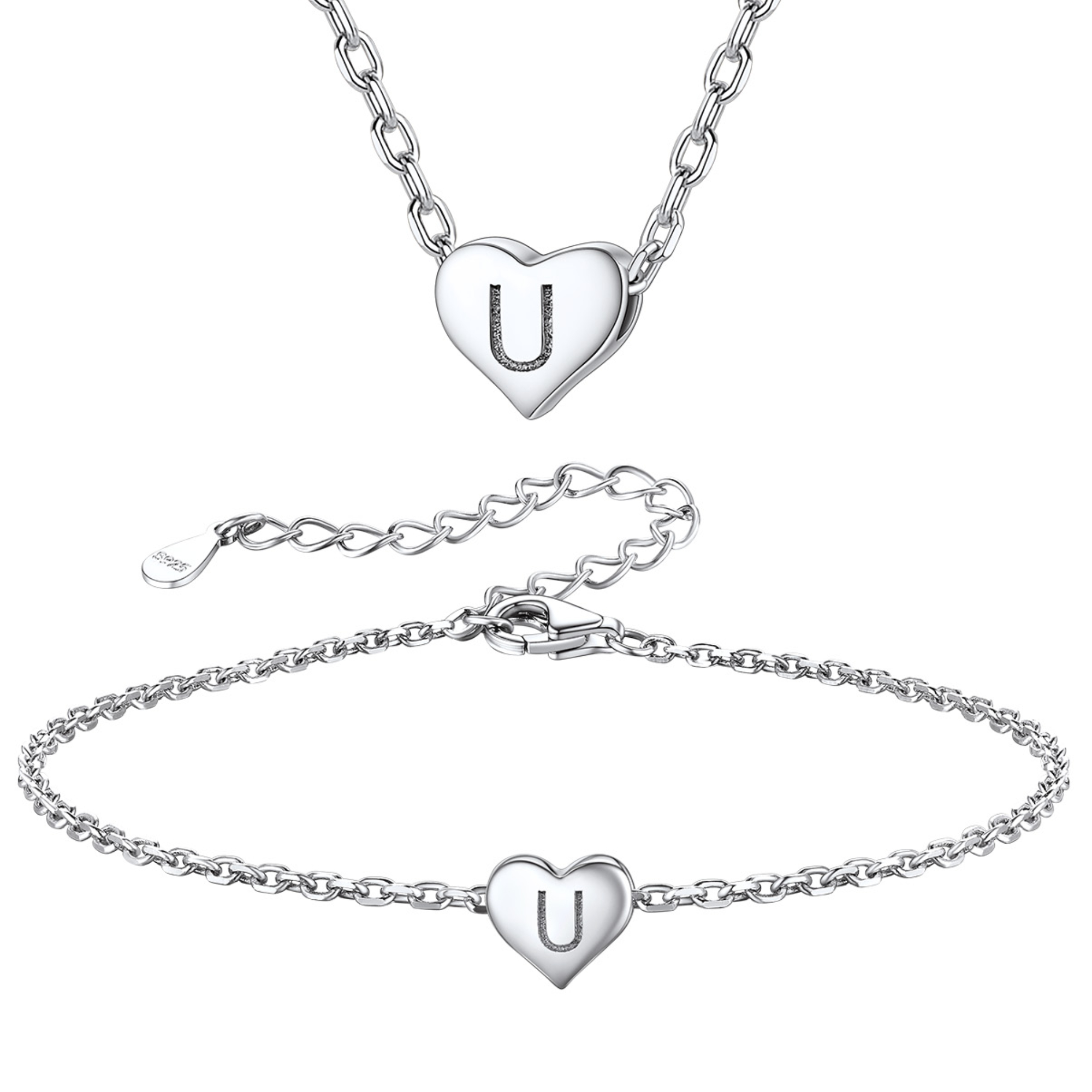 Silvora Initial Bracelet & Necklace Sets for Women Silver Heart Letter Pendant Jewelry Set Birthday Christmas Mother's Day Valentines Gifts with Box