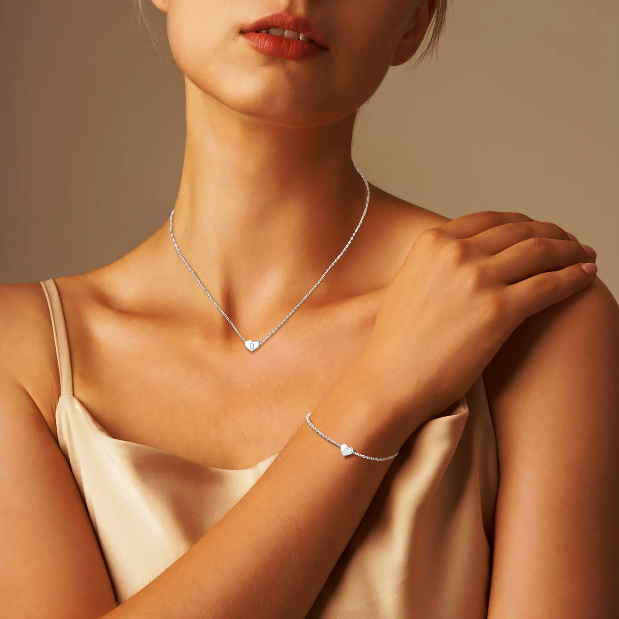 Silvora Initial Bracelet & Necklace Sets for Women Silver Heart Letter Pendant Jewelry Set Birthday Christmas Mother's Day Valentines Gifts with Box