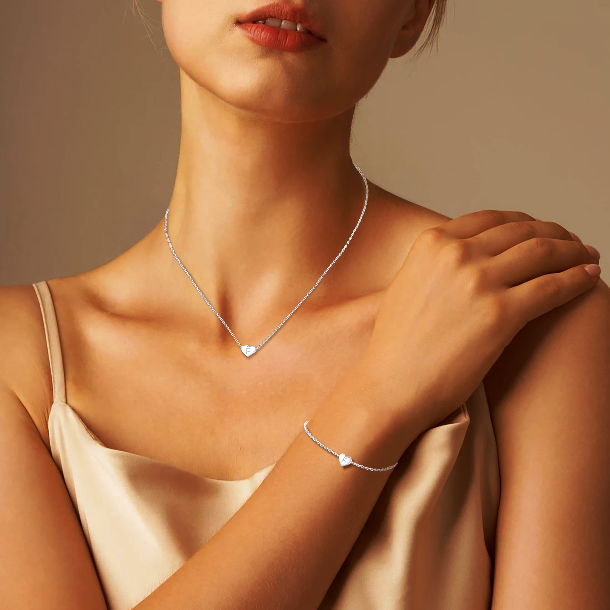 Silvora Initial Bracelet & Necklace Sets for Women Silver Heart Letter Pendant Jewelry Set Birthday Christmas Mother's Day Valentines Gifts with Box