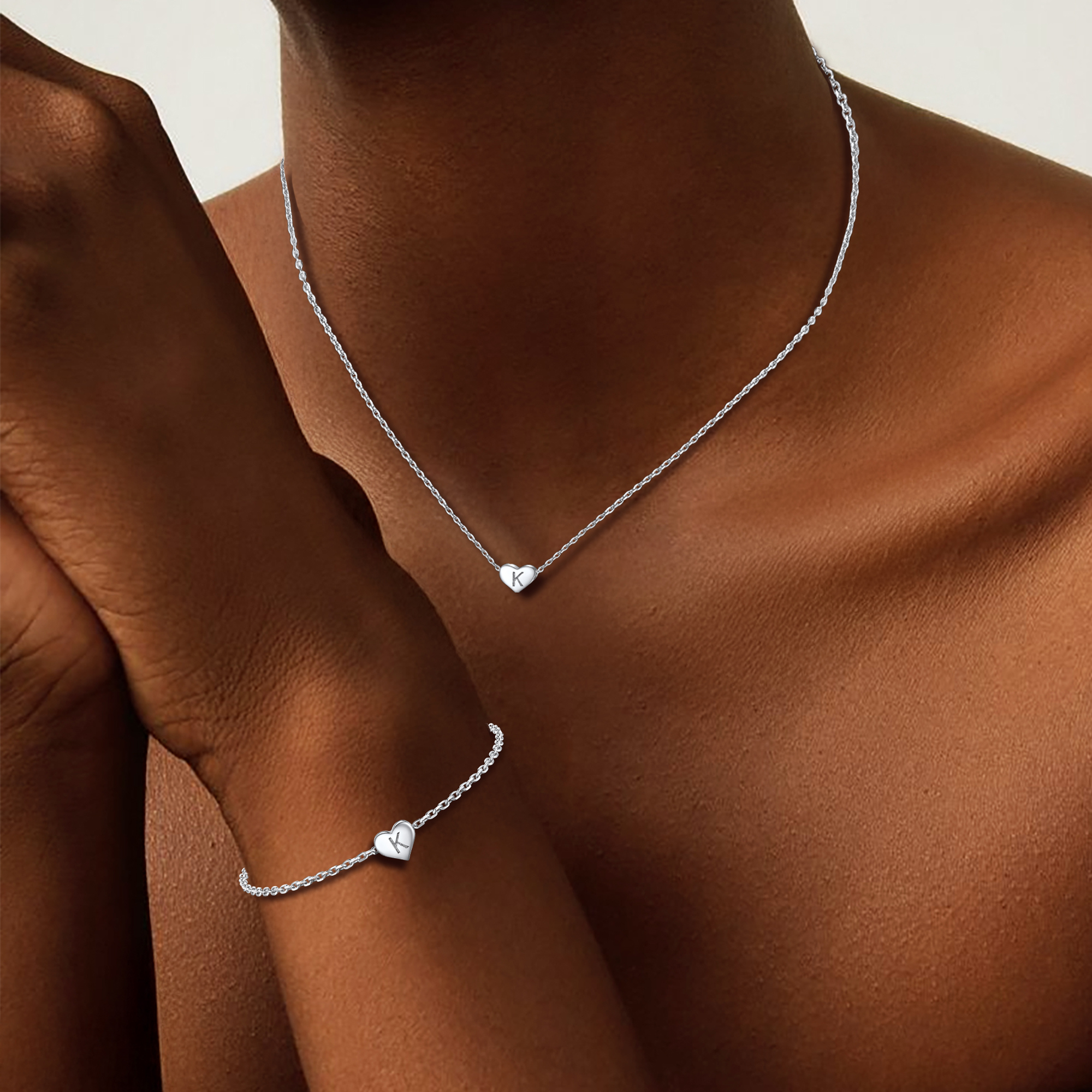 Silvora Initial Bracelet & Necklace Sets for Women Silver Heart Letter Pendant Jewelry Set Birthday Christmas Mother's Day Valentines Gifts with Box