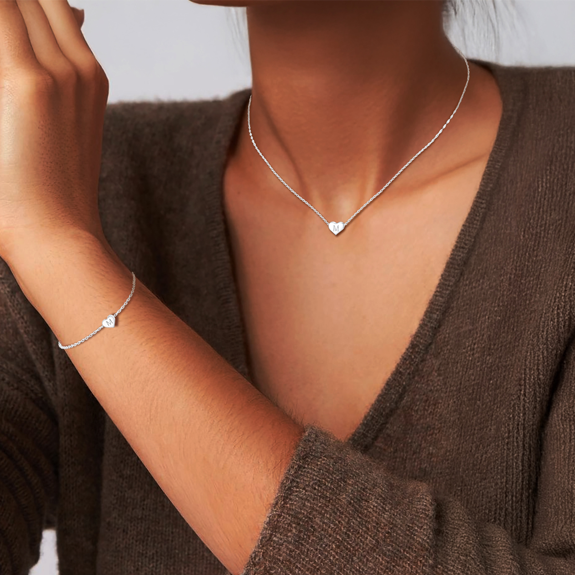 Silvora Initial Bracelet & Necklace Sets for Women Silver Heart Letter Pendant Jewelry Set Birthday Christmas Mother's Day Valentines Gifts with Box