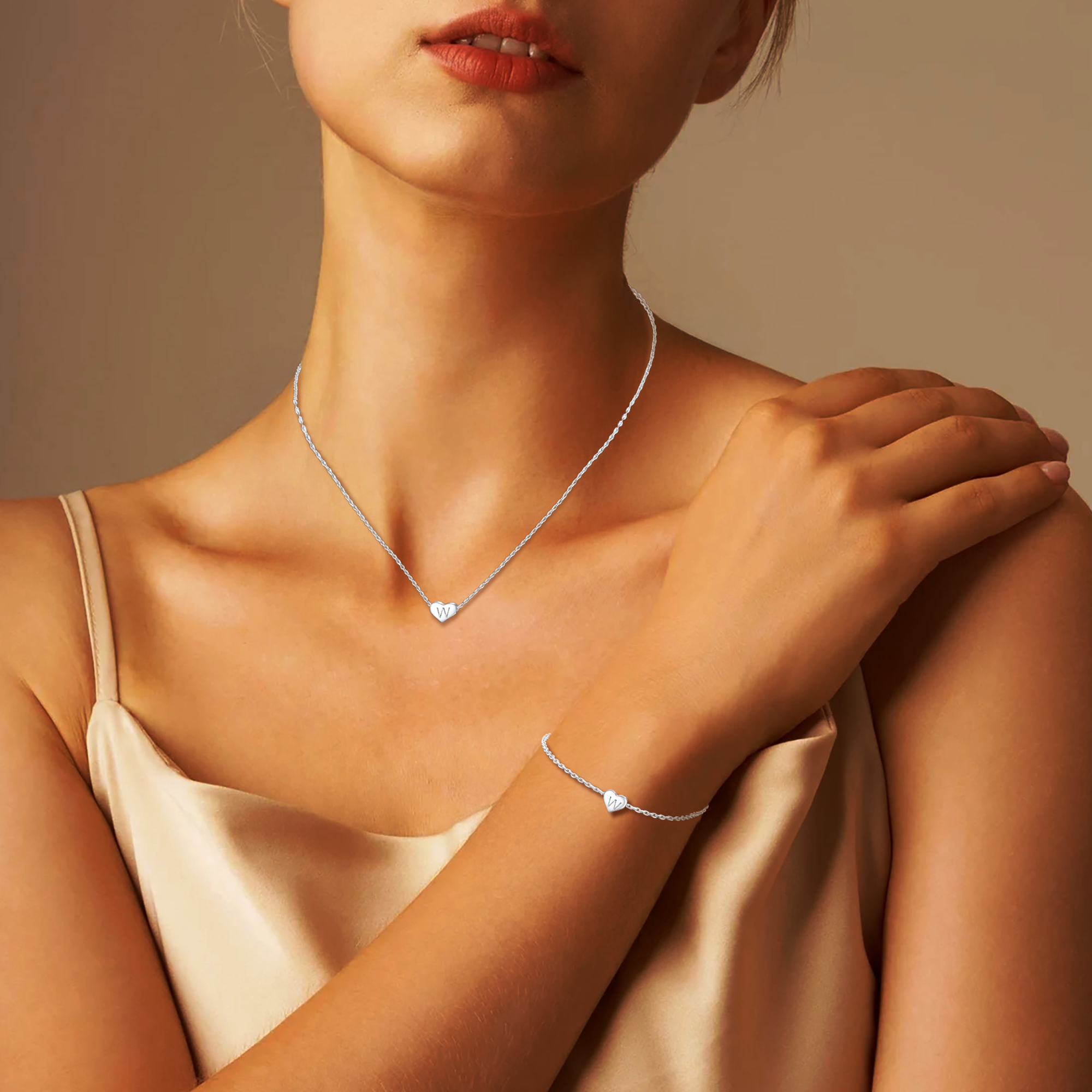 Silvora Initial Bracelet & Necklace Sets for Women Silver Heart Letter Pendant Jewelry Set Birthday Christmas Mother's Day Valentines Gifts with Box