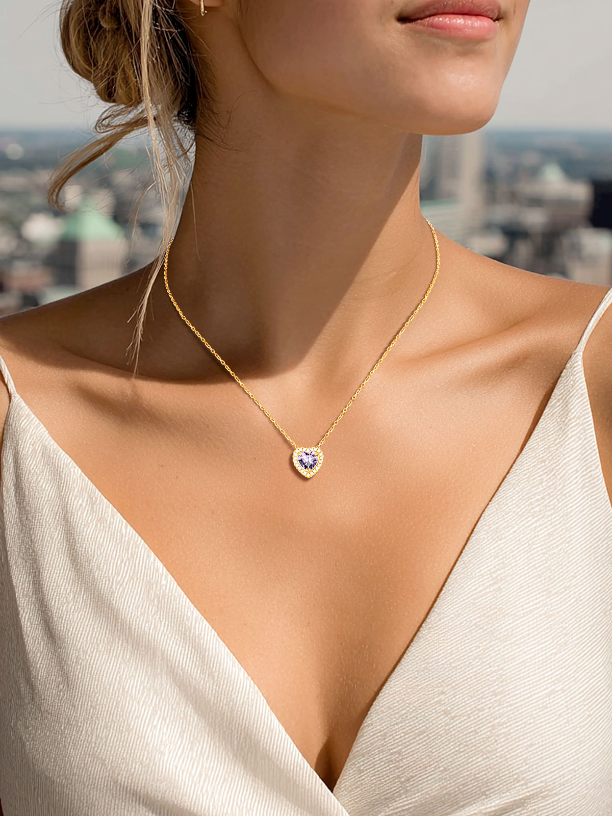 Silvora 14k Gold Plated Birthstone Neckalces for Women Heat Shape Pendant Simulated Diamond Crystal Dainty Christmas Birthday Valentines Gift