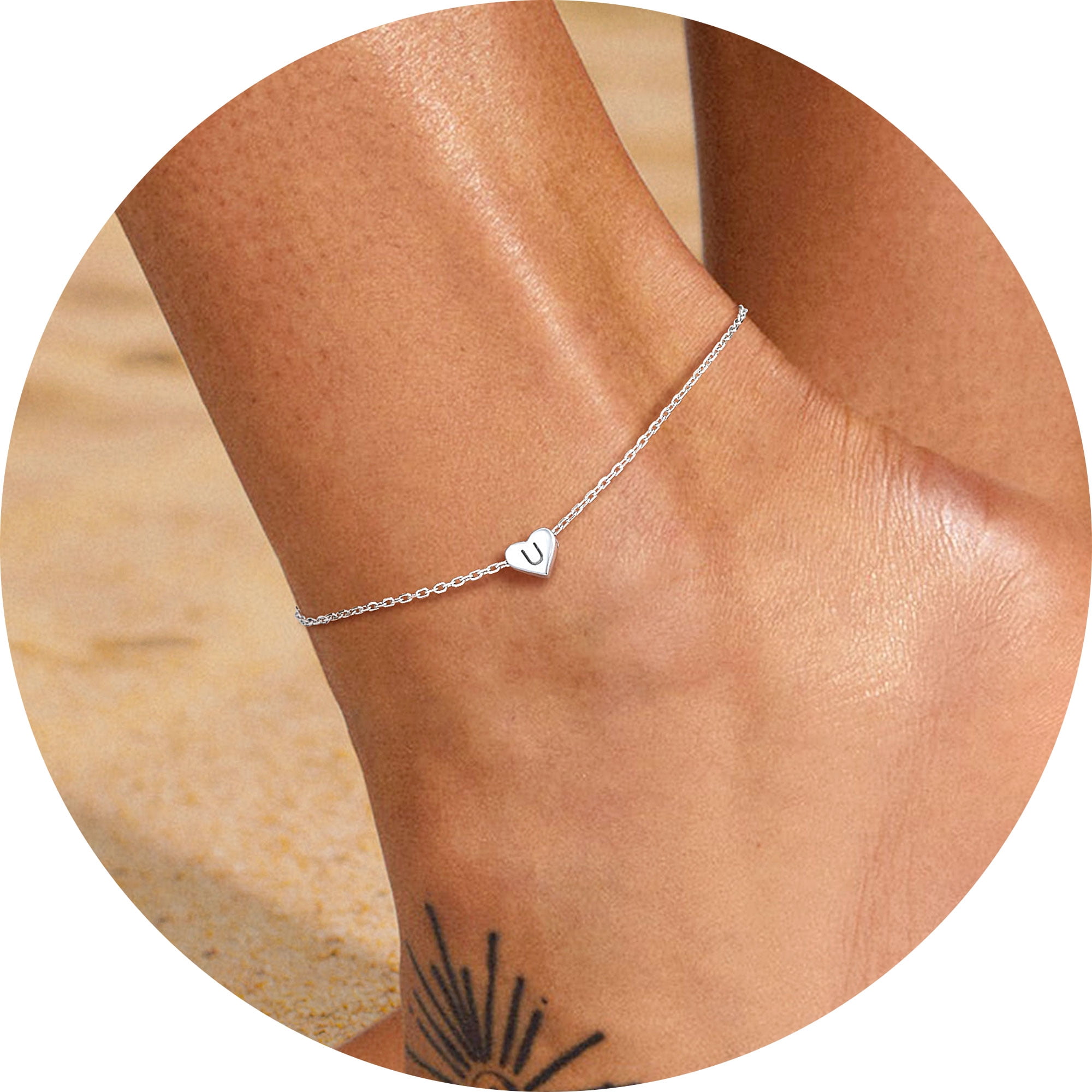 Silvora Sterling Silver Anklet Bracelets for Women, Initial Heart Anklet for Girls Letter A Foot Summer Boho Beach Jewelry Gift