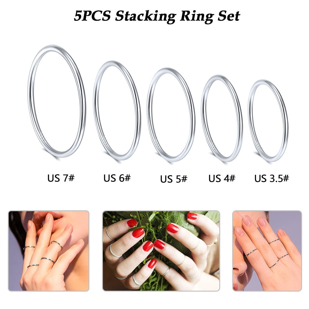 Silvora 5pcs Sterling Silver Women Knuckle Ring Midi Stacking Band Rings for Women Girls Finger Jewelry