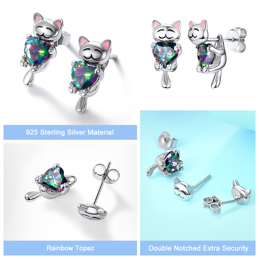 Silvora Sterling Silver Cute Cat Stud Earrings Cubic Zirconia Animal Statement Earrings Birthday Christmas Jewelry Gift for Wife Mom Daughter