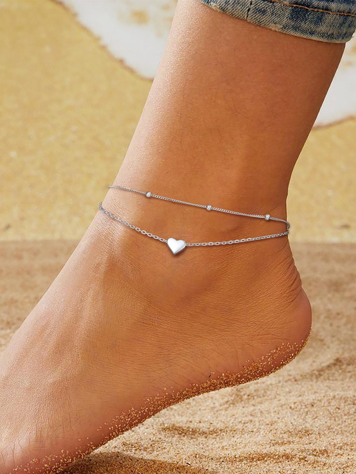 Silvora Double Layered Sterling Silver Anklet Bracelets for Women, Dainty Initial K Heart Anklet Beaded Chain Gift for Christmas Birthday