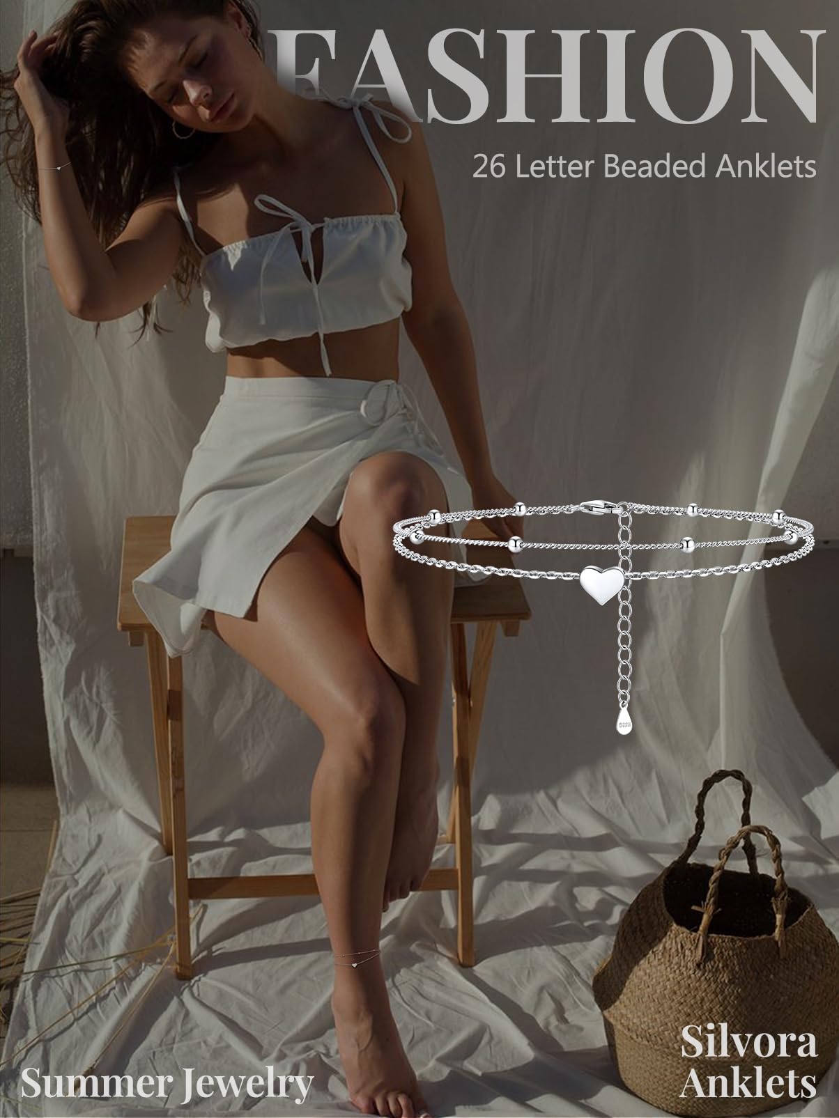 Silvora Double Layered Sterling Silver Anklet Bracelets for Women, Dainty Initial K Heart Anklet Beaded Chain Gift for Christmas Birthday