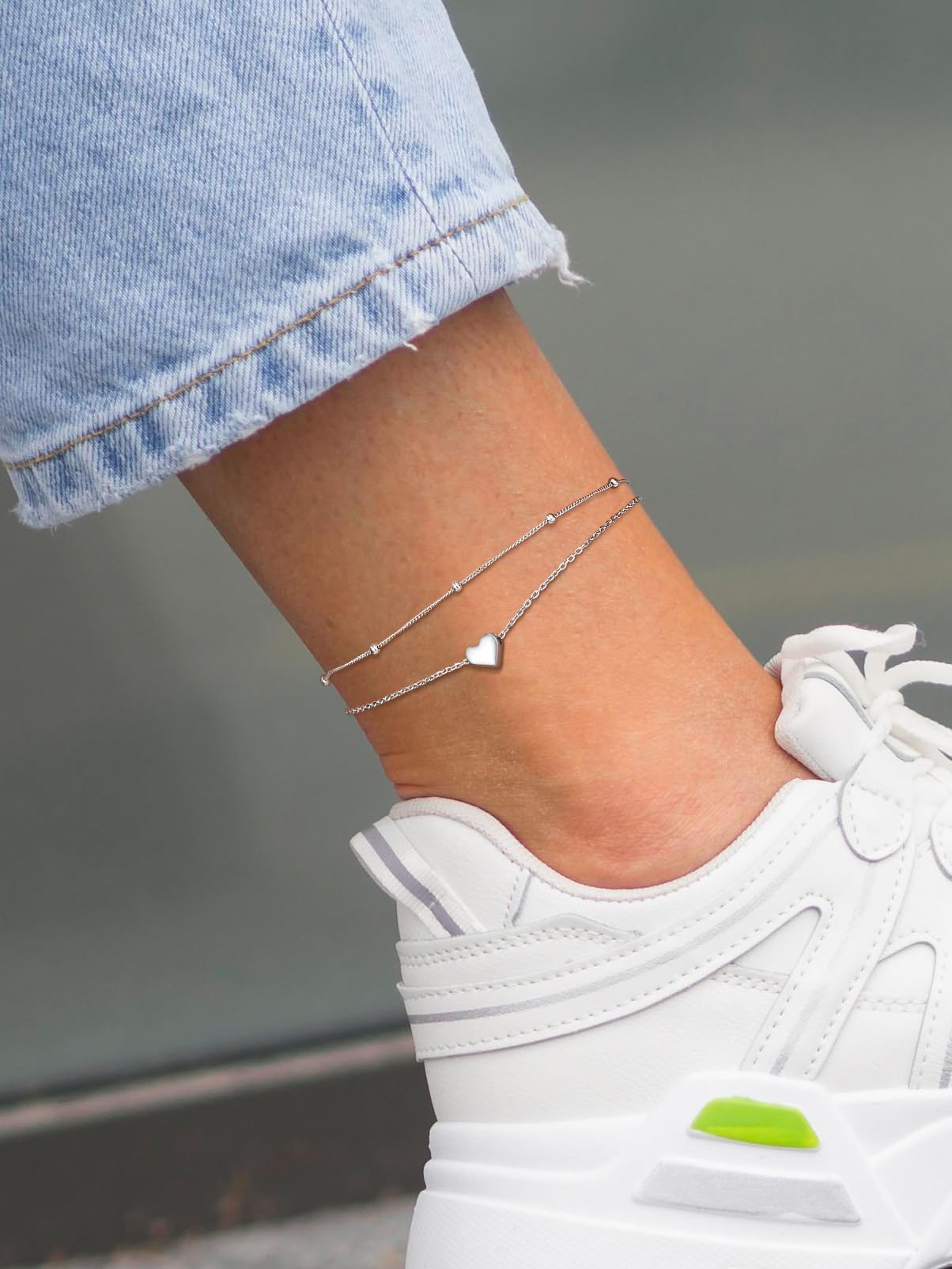 Silvora Double Layered Sterling Silver Anklet Bracelets for Women, Dainty Initial K Heart Anklet Beaded Chain Gift for Christmas Birthday